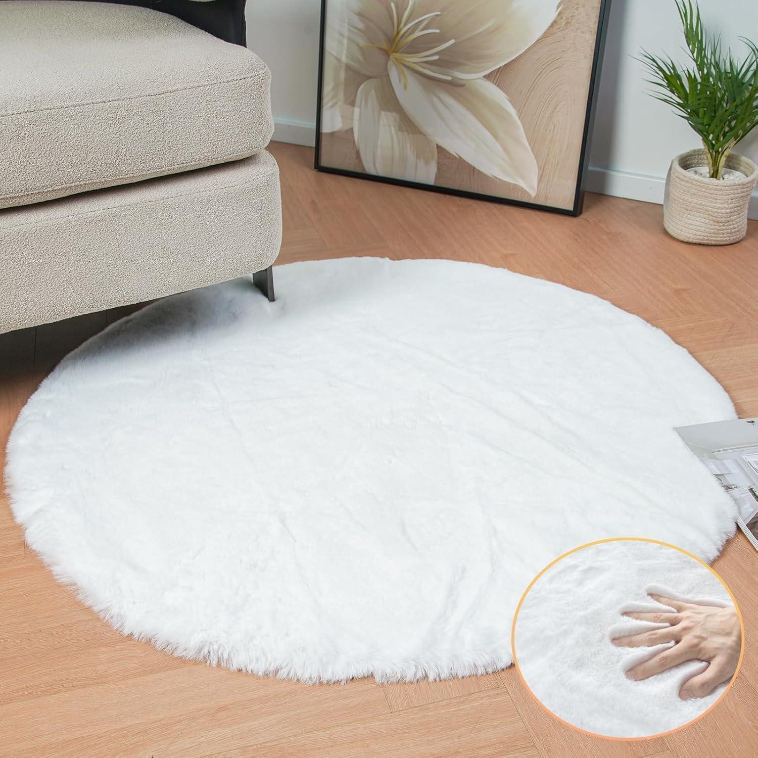 LuxusKollektion Fellteppich Teppich Fellteppich Kunstfell waschbar Bettvorleger 120 cm (Rund) Weiß, rund, Höhe: 30 mm