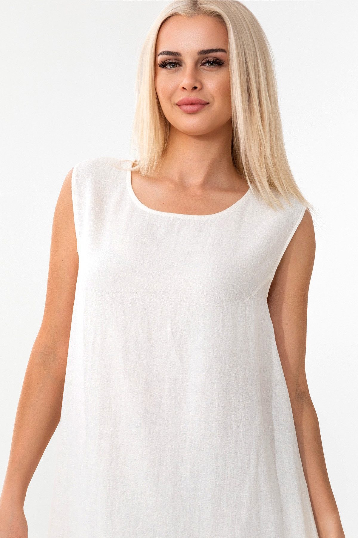 WENOR Sommerkleid aus Leinenmix mit Taschen, Strandkleid ärmellos, locker geschnitten (1-tlg) Ideal für warme Tage, pflegeleicht, mit Eingrifftaschen