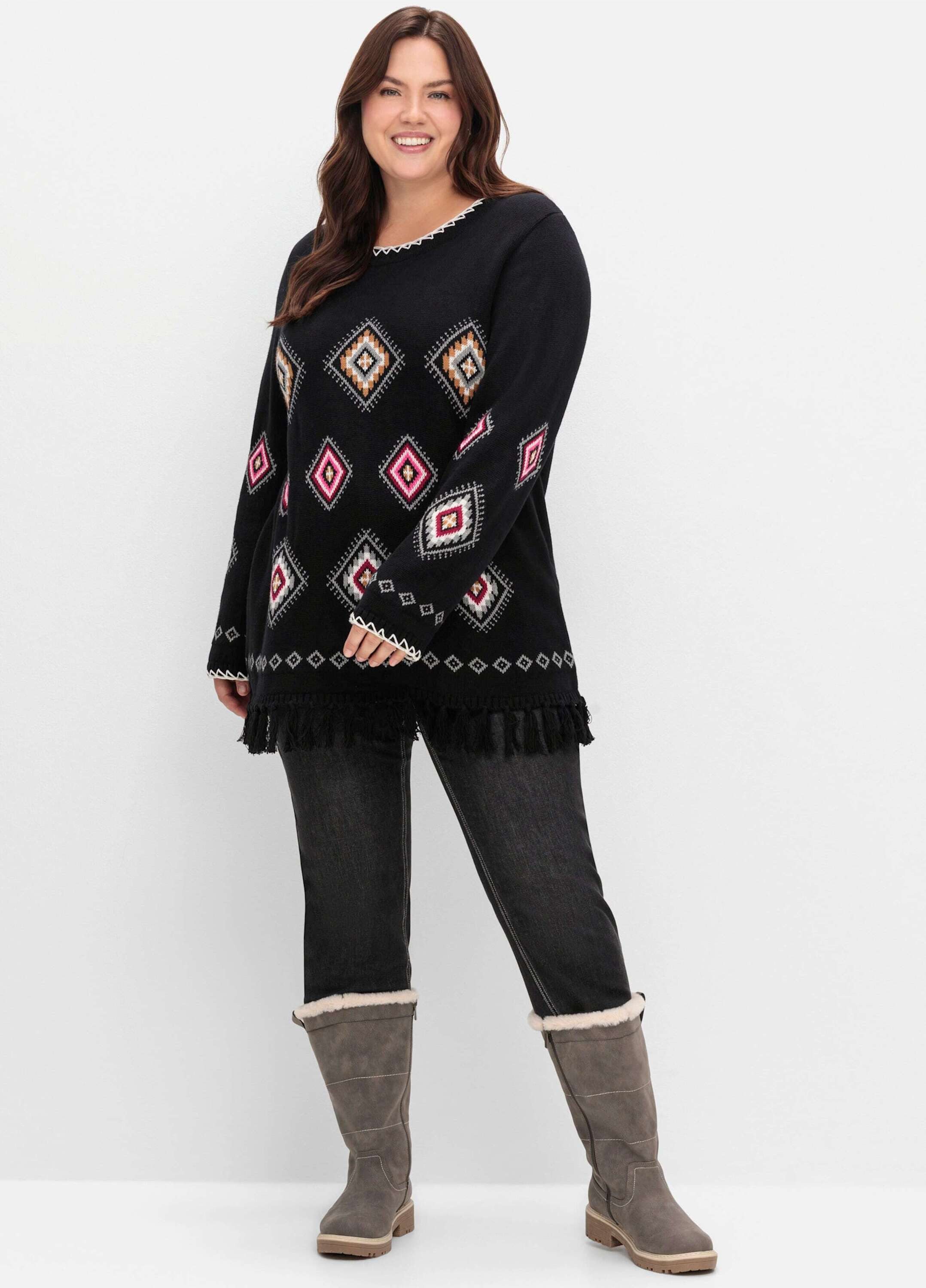 Sheego Strickpullover Strickpullover Langarm mit Ethnomuster und Fransen günstig online kaufen