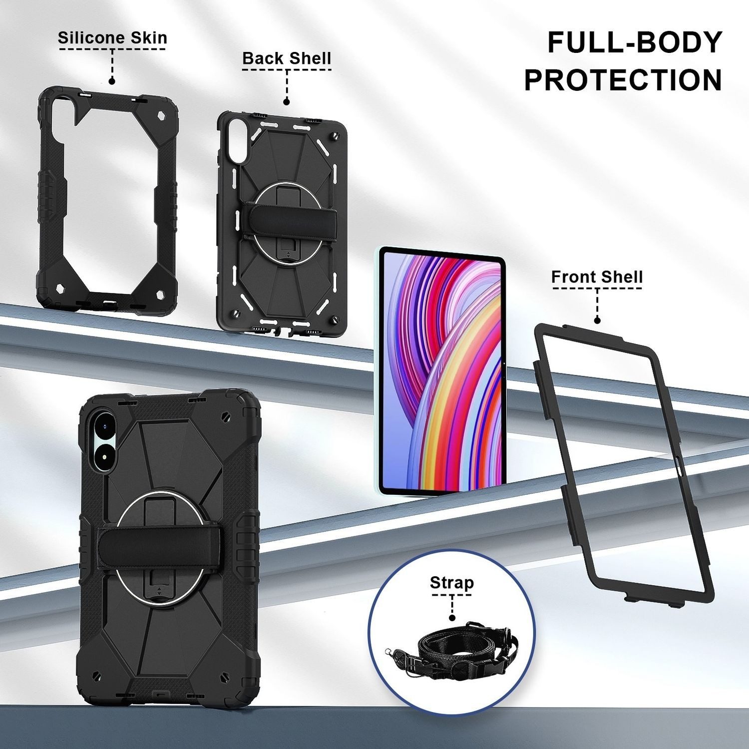 Wigento Tablet-Hülle Für Xiaomi Redmi Pad Pro 12.1 Robot Silikon Hybrid PC Hülle Schwarz, Hybrid Schutzhülle Smart Case Cover mit Schultergurt