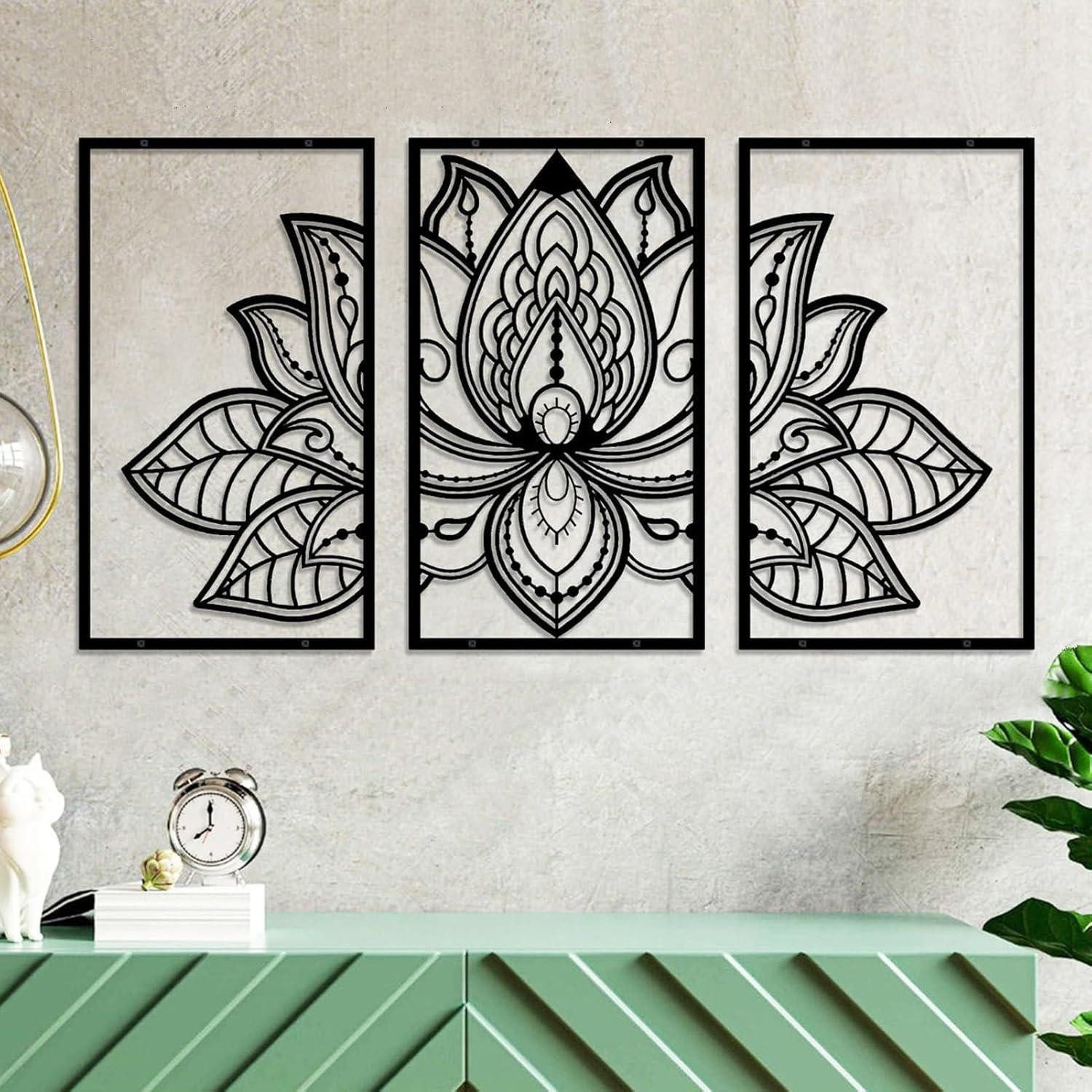 ESTART Wanddekoobjekt Großes Lotus-Blume Metall Wanddeko 3-teilig Schwarz 110x56cm