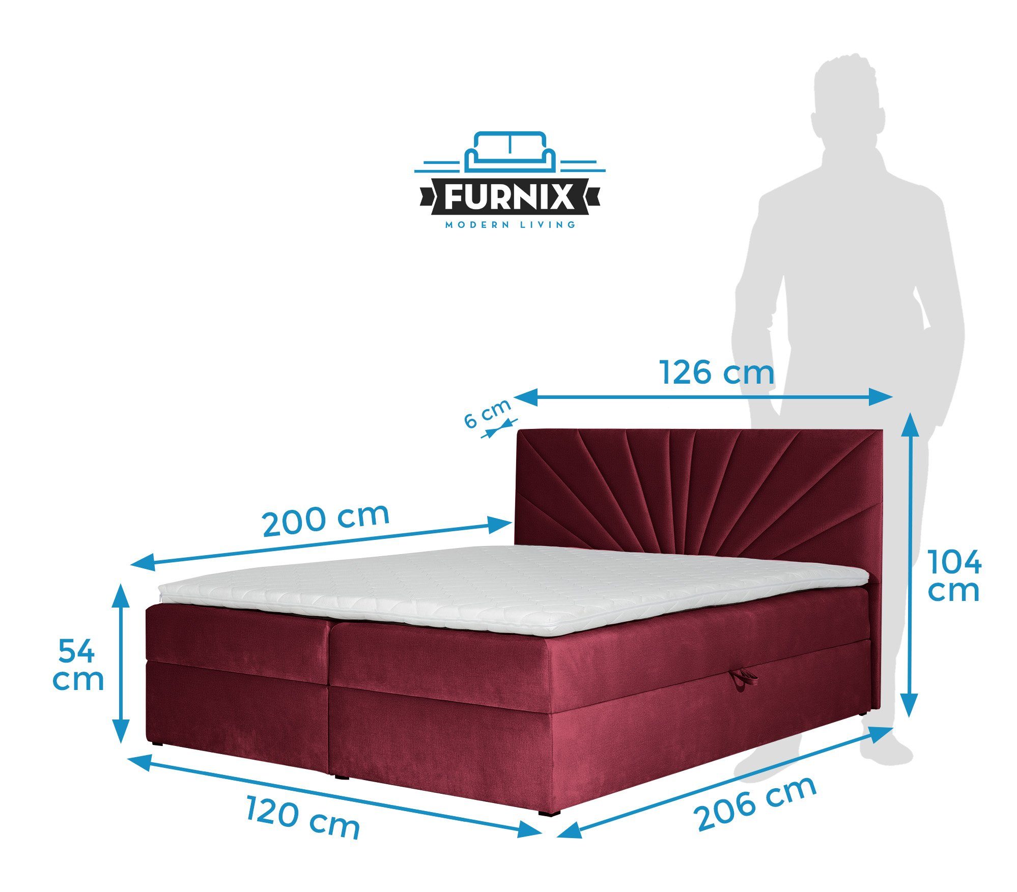 tiefen und Boxspringbett 4 hochwertige Topper, TREZO cm Bettkasten Furnix mit 120/140/160/180/200x200 Rot Polsterstoffe