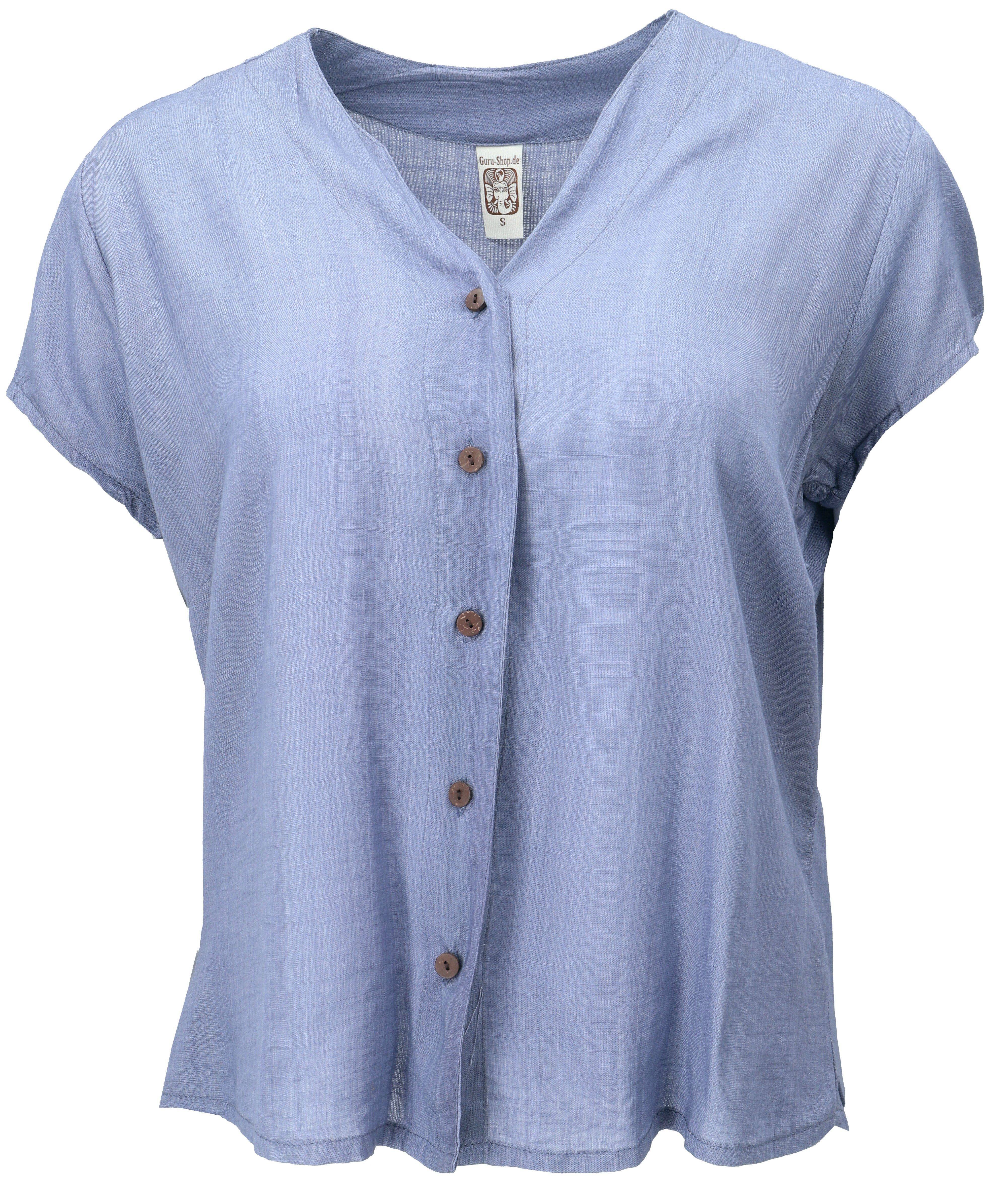Guru-Shop Longbluse Luftiges Basic Blusentop, Kurzarm Bluse - blau alternative Bekleidung