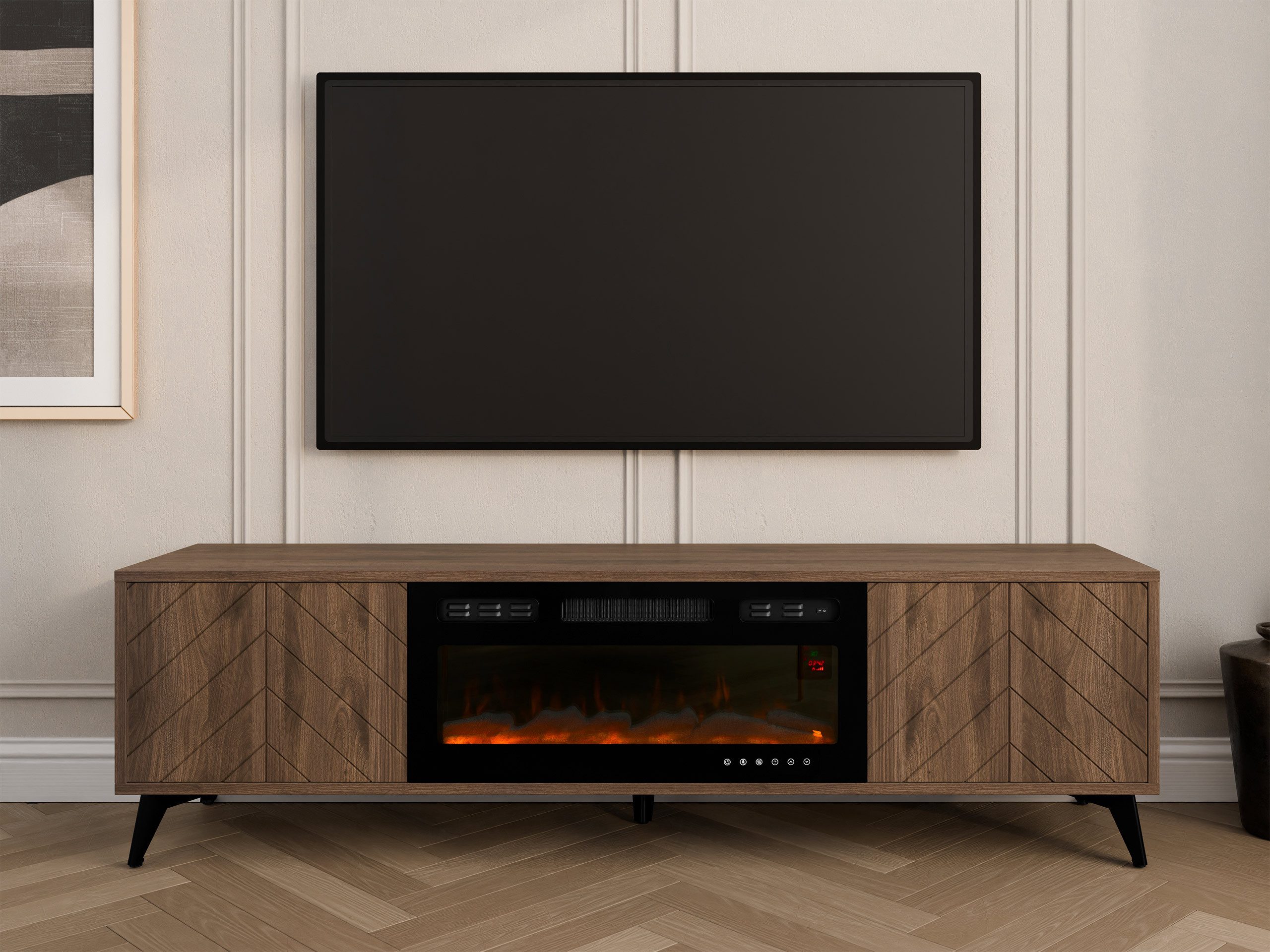 MIRJAN24 TV-Schrank Xylix Bis 2D EF mit Elektrische Kamin (mit zwei Drehtüren) Realistische LED-Flamme, 184x40x53 cm