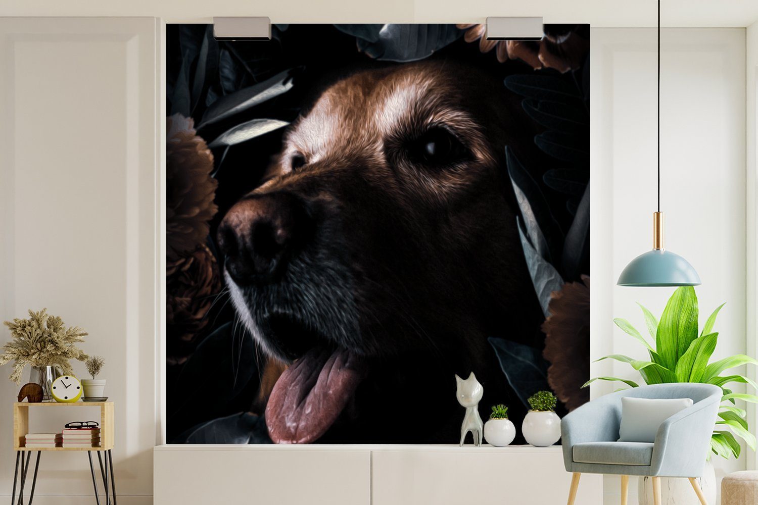 Hund - Wandtapete Blumen Botanisch, für bedruckt, - Vinyl Fototapete Matt, oder Tapete - Schlafzimmer, Blätter (5 Wohnzimmer MuchoWow St),