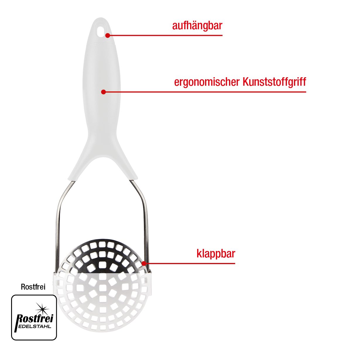 EUROHOME Kartoffelstampfer Kartoffelpresse mit ergonomischem Kunststoffgriff (1 St), Edelstahl, Kartoffelstampfer Weiß - Ausklappbar Edelstahl