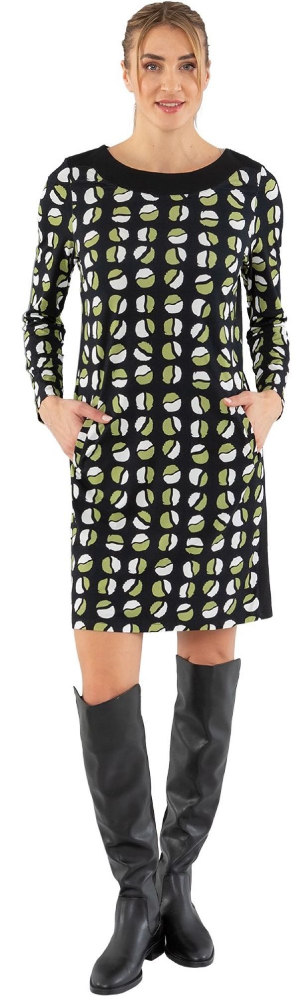 Estefania for woman Midikleid 193-5210, Kleid mit Kreisen und Galonstreifen U-Bootausschnitt mit Blende