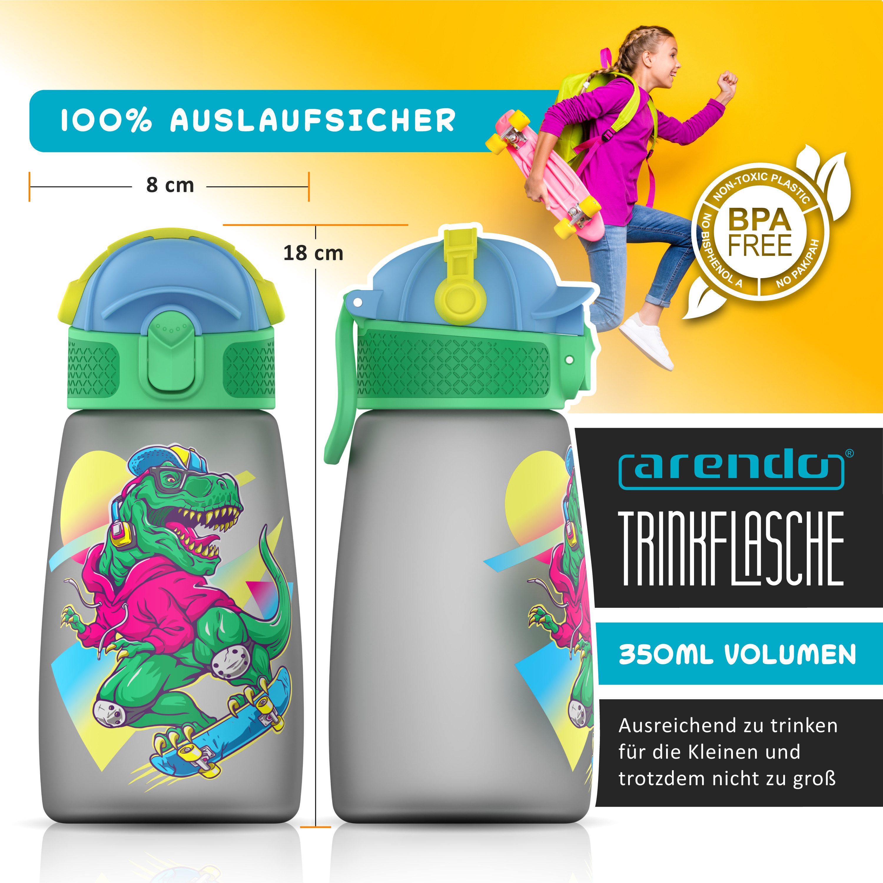 Arendo Trinkflasche Wasserflasche für Kinder 350 ml, Klickverschluss, BPA-frei, Tragegriff, Trinkansatz, spülmaschinengeeignet 50 °C, Deckel abschraubbar
