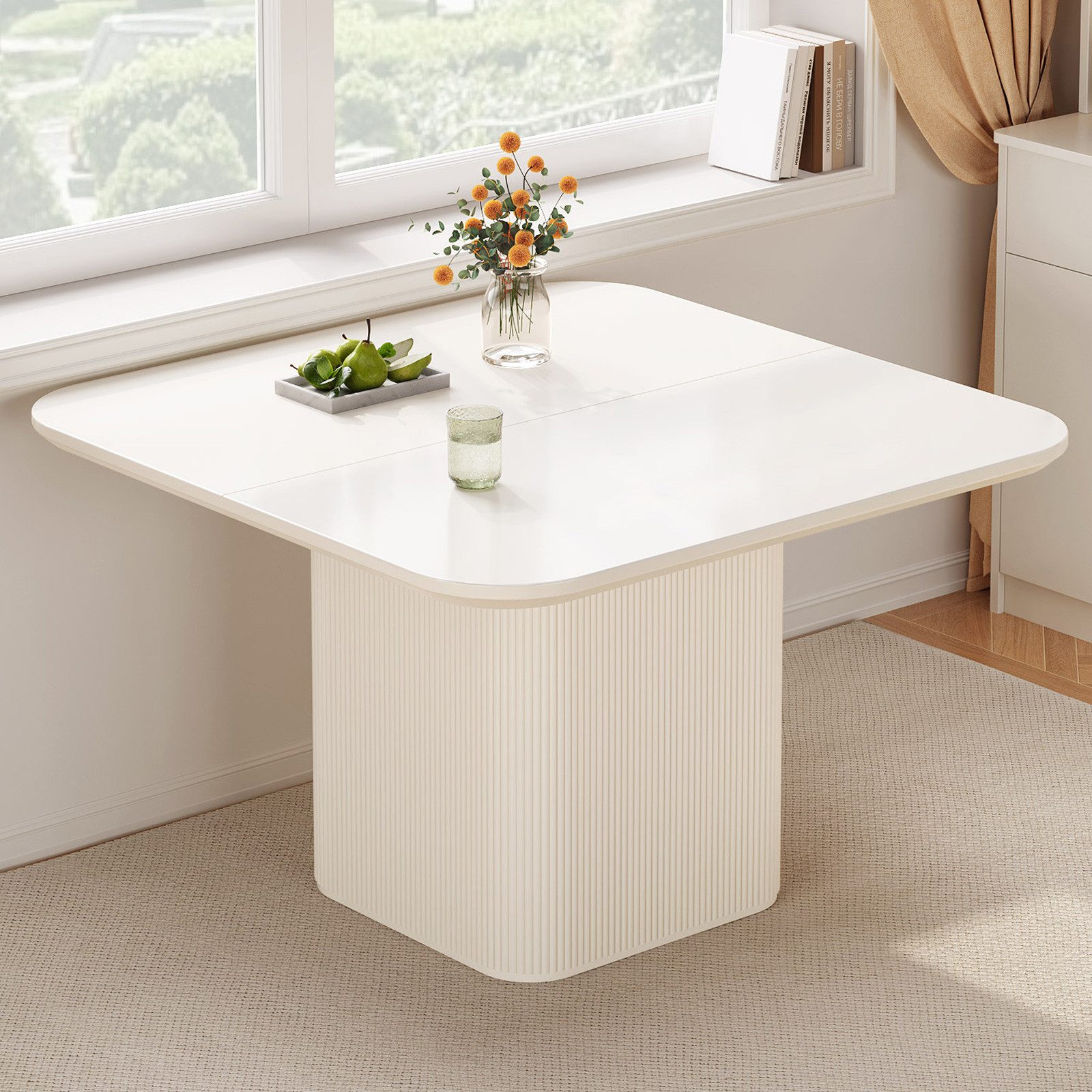 Guyii Esstisch Quadratischer Küchentisch Cremeweiß mit Säulenfuß aus MDF (1-St), Modern minimalistischer Wohnzimmertisch, 108 x 75,8 cm