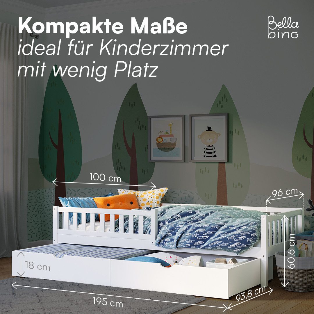 Bellabino Kinderbett Vils 90x200 cm mit Rausfallschutz, Lattenrost, Kiefer Massivholz (weiß, mit großer Schublade, mit Matratze)