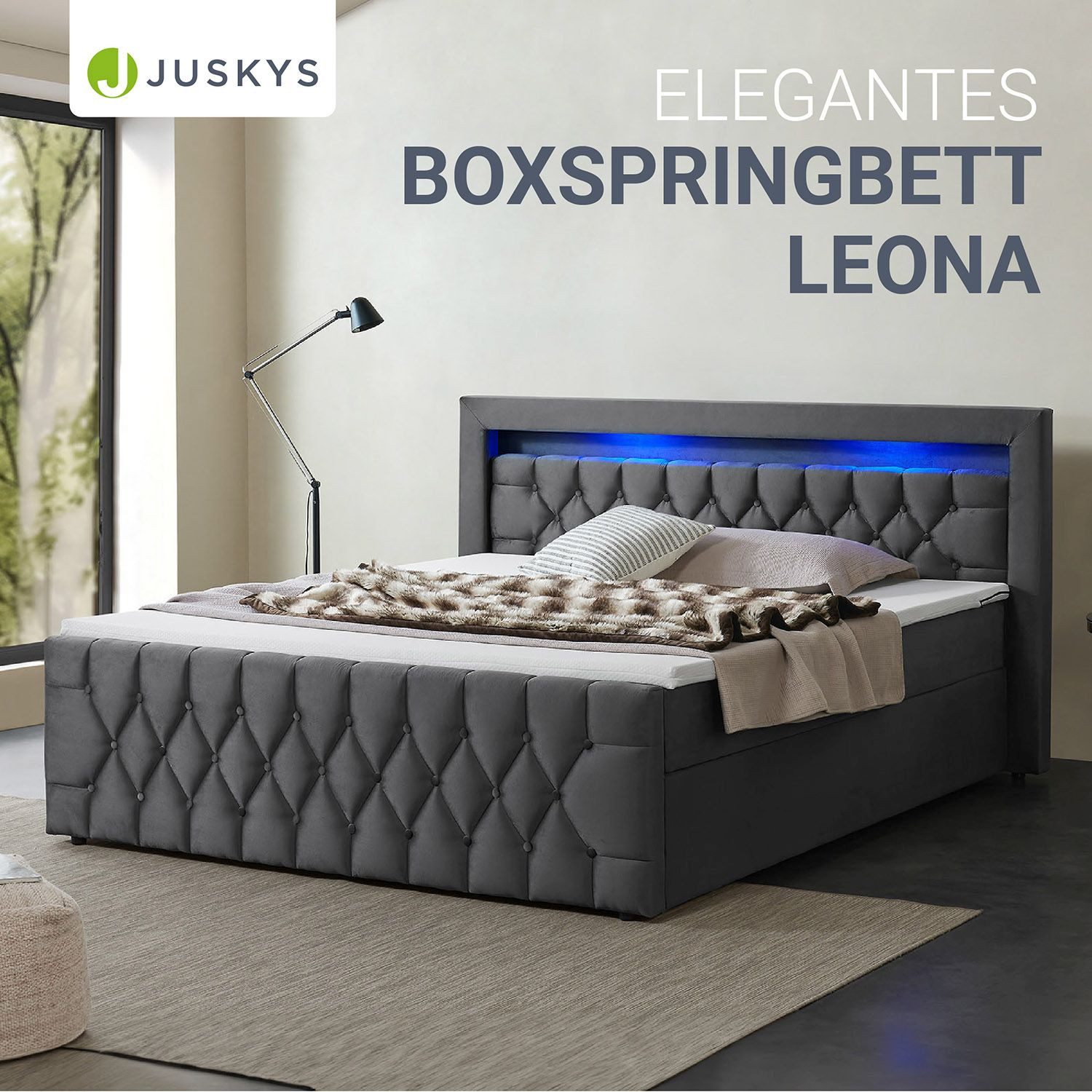 Polsterbett LEONA 180x200 cm, Boxspringbett-Optik, Samt-Bezug - Einrichtungsbeispiel