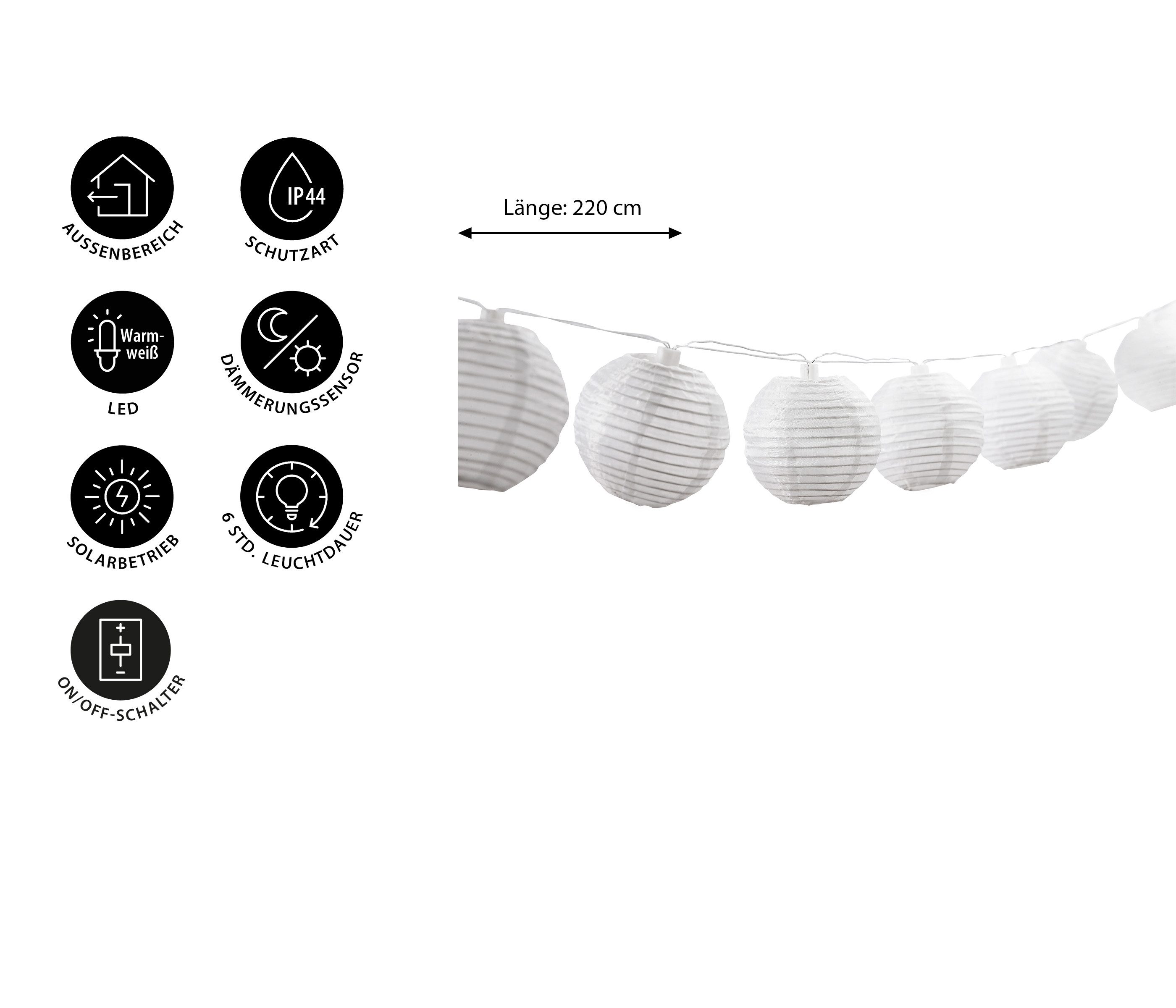 Dehner LED Solarleuchte Solar Lichterkette Lampion, Lichtfarbe warmweiß, Länge 220 cm, weiß, Warmweiß, Leuchtdauer 6 Stunden, 1.2 V