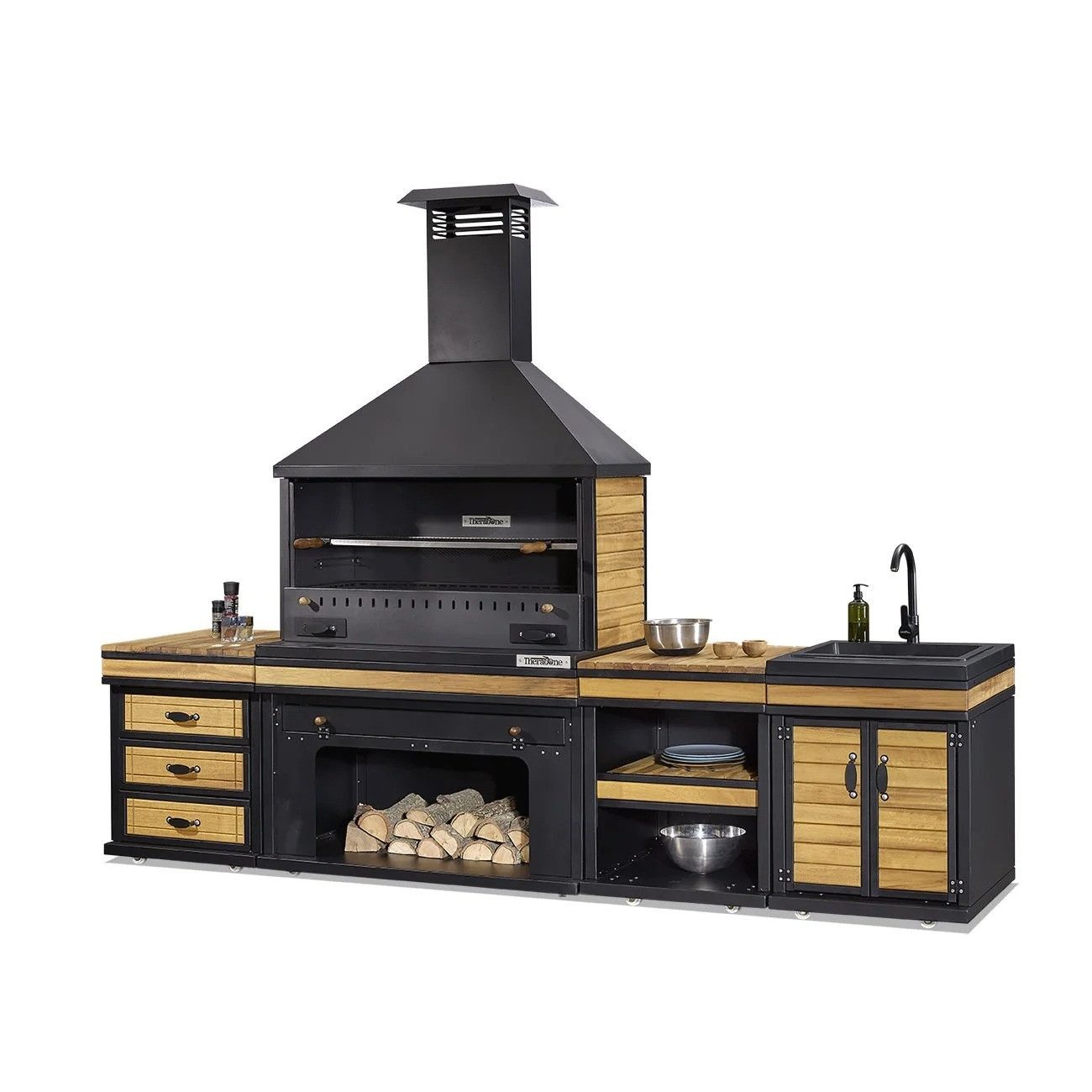 JVmoebel Outdoor-Küche Elegante Außenküche aus Holz und Edelstahl in Schwarz und Braun, Made in Europe