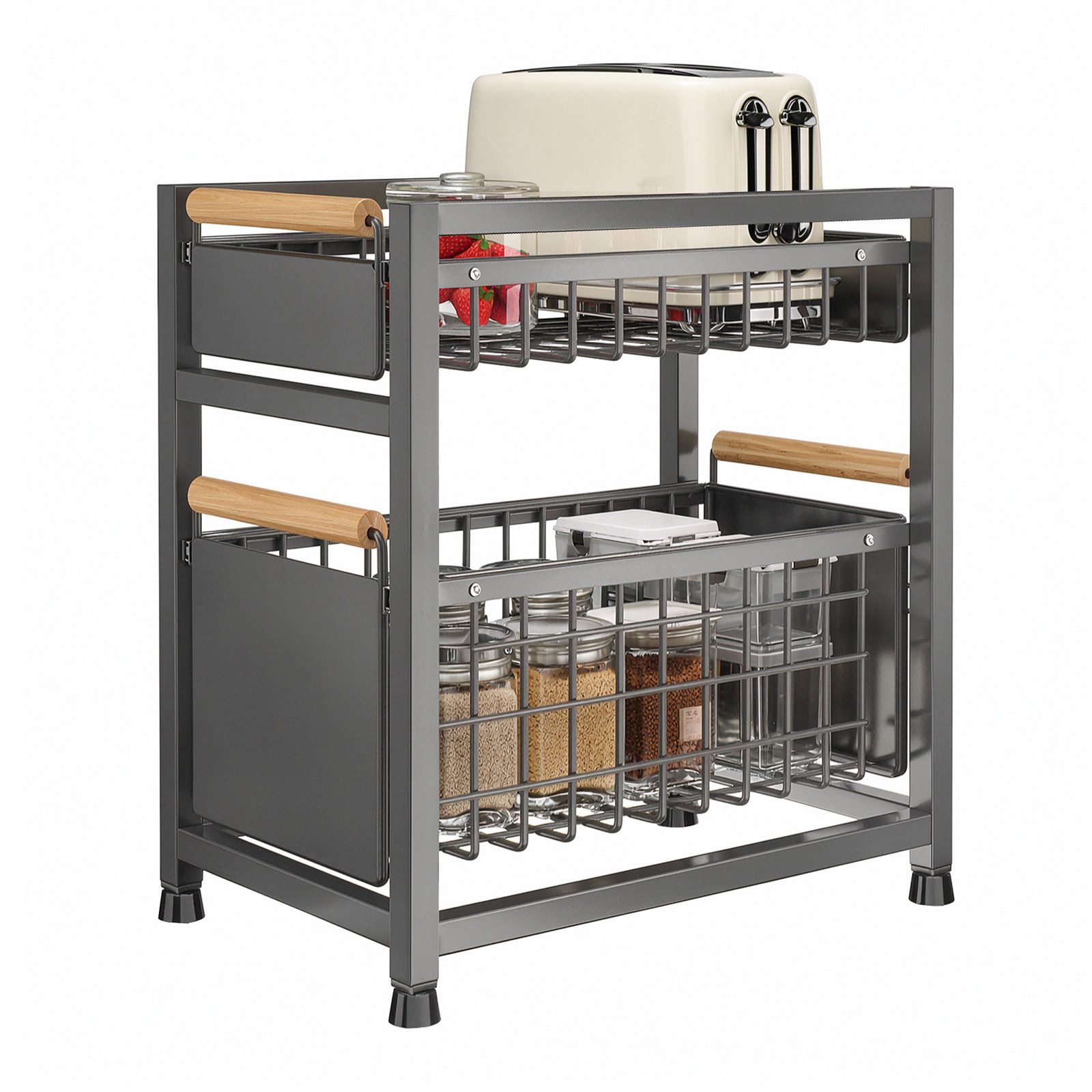 JEOBEST Küchenregal Küchen Organizer mit 2 Ausziehkörben, Gewürzregal, Spülschrank Regal, 1-tlg., Teleskopschublade Schublade, Für KüChenschräNke, Kein Bohren