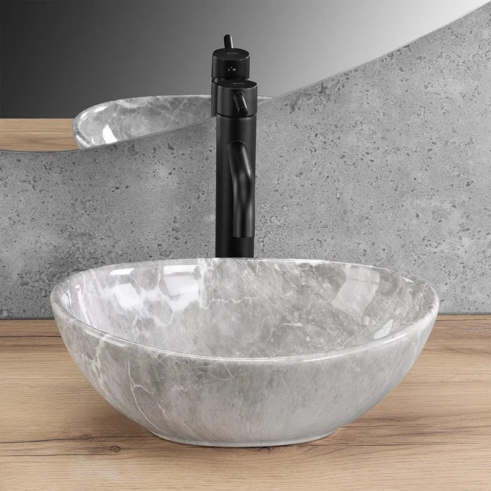 wohnwerk.idee Aufsatzwaschbecken Waschbecken Marmoroptik Oval Grau Glanz Keramik Design modern