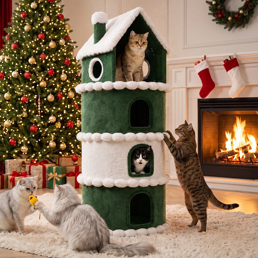 COMHOMA Kratzbaum 135 cm hoch, Weihnachtsbaum-Design, mehrstöckiger Katzenbaum, Katzenhaus mit Kratzsäulen Spielball stabiler Kletterbaum