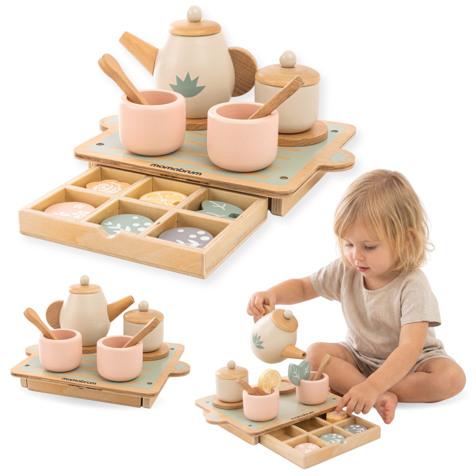 Mamabrum Spielküche Mamabrum Holz Teeservice Kinder 18 tlg Spielset mit Tablett Wood, MDF, Functional Storage Tray