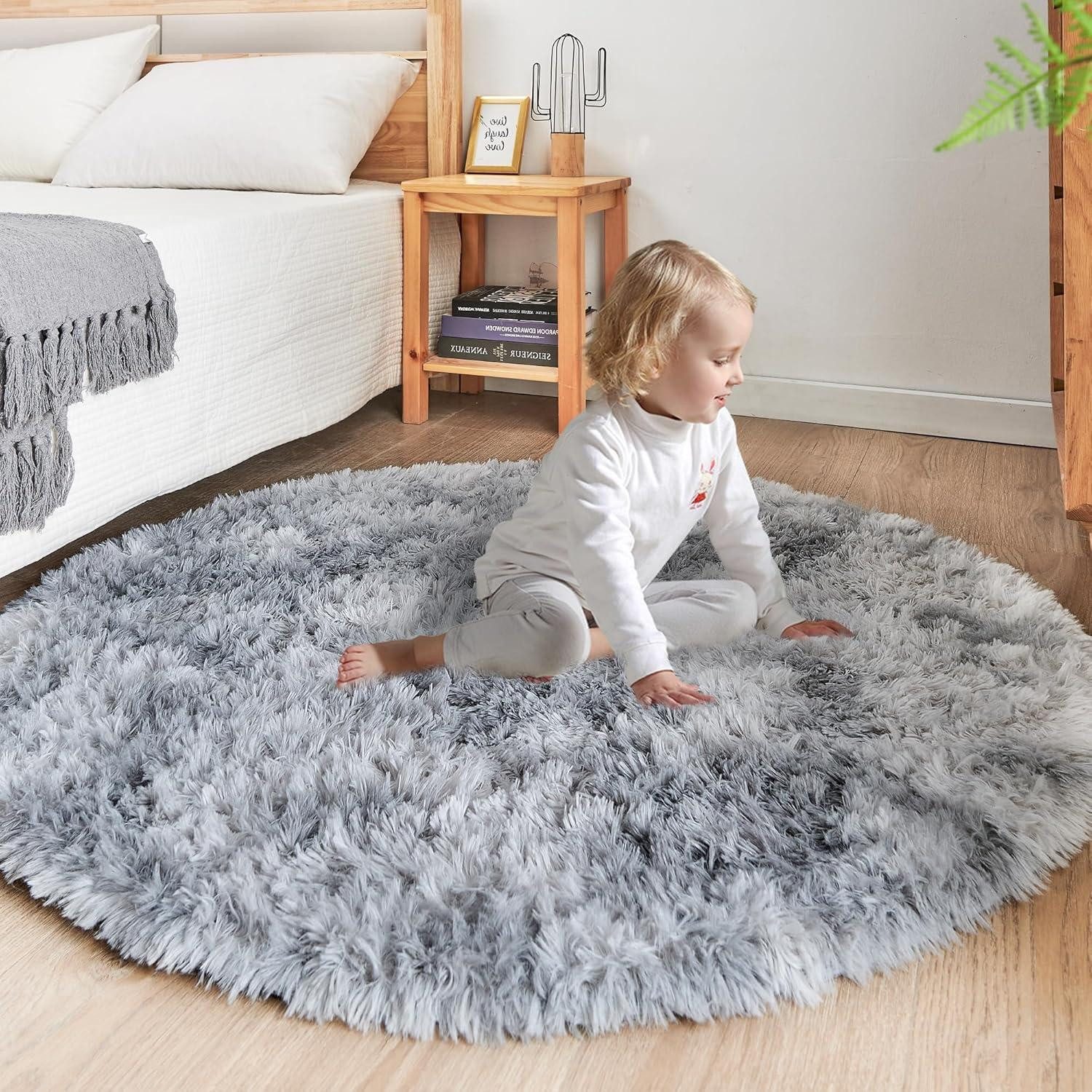 ROHATIM Langflor-Teppich Weicher Plüsch Teppich Rund 120cm, Hellgrau für Wohnzimmer
