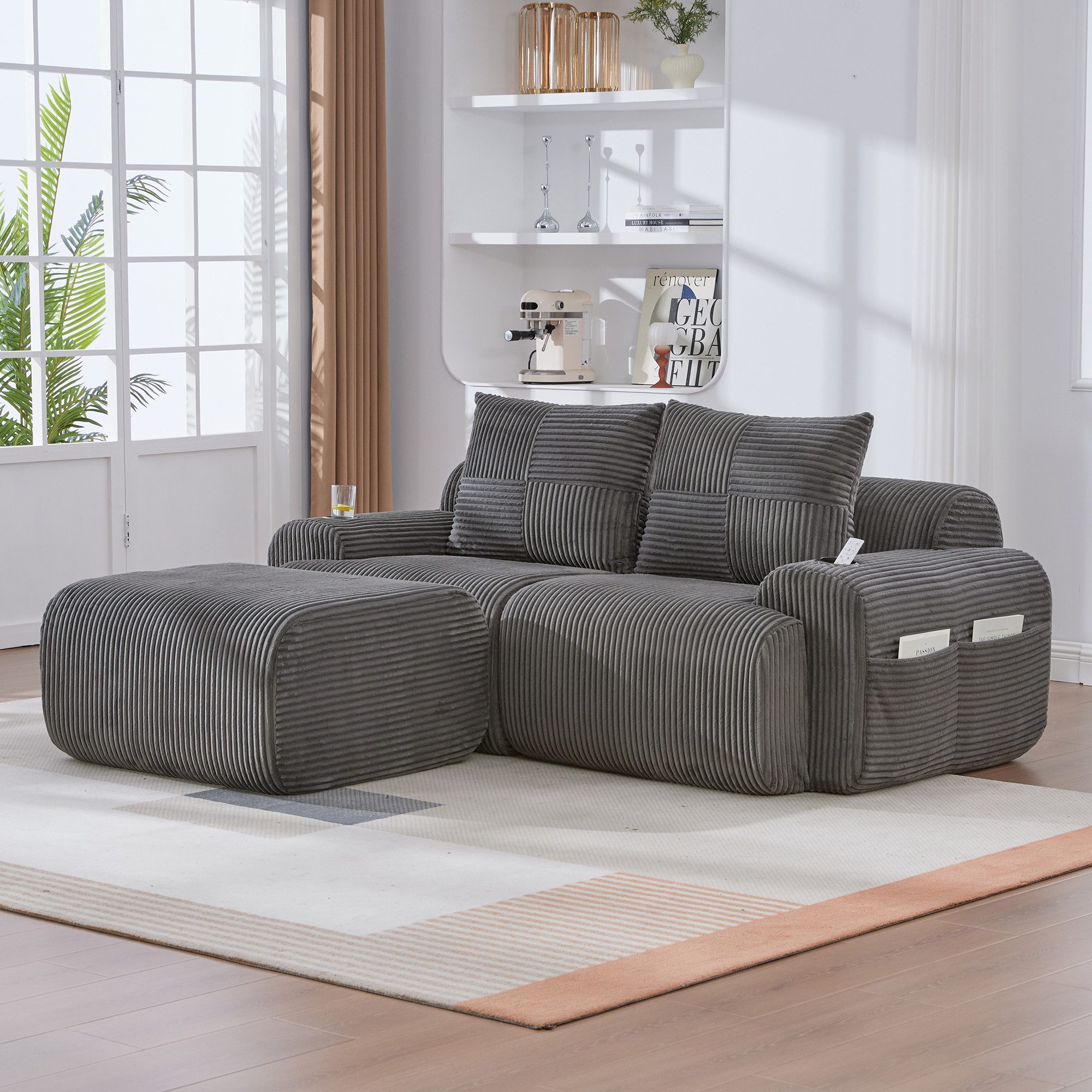 HAUSS SPOLE Sofa mit 2 Hockern,Sitzgruppe Polstermöbel mit Polstermöbel,cord-Stoff, mit Hockern – Frei kombinierbar, inklusive Getränkehalter und seitlicher Aufbewahrungstasche, Kindersofa