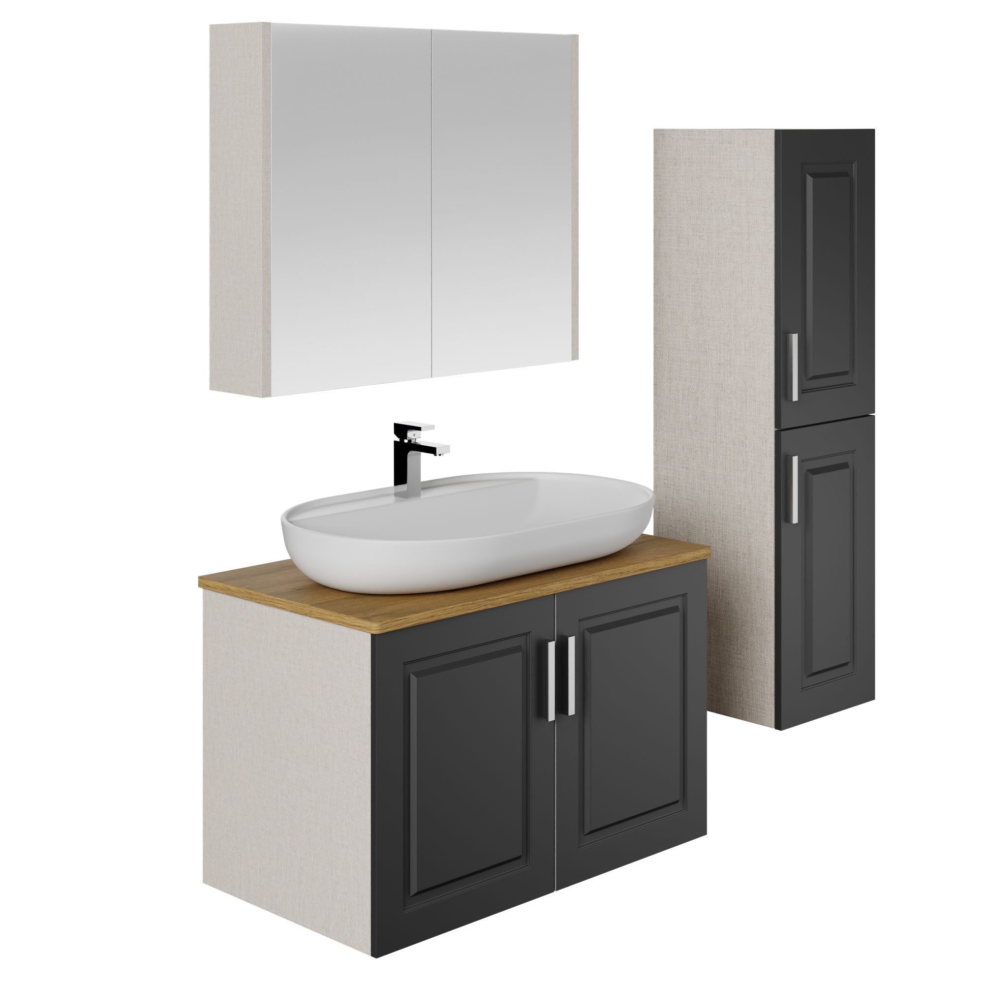 Karen Badmöbel-Set Badmöbel Set Arin Anthrazit Konsole, (Komplett-Set, Standartmäßig 4-Teilig (Unterschrank, Konsole, Waschbecken, Spiegelschrank), 4-St., Unterschrank mit Türen, Spiegelschrank mit Türen & Regalen), Landhaus-Stil, Matt-PVC-Beschichtung, Konsole, Aufsatzwaschbecken