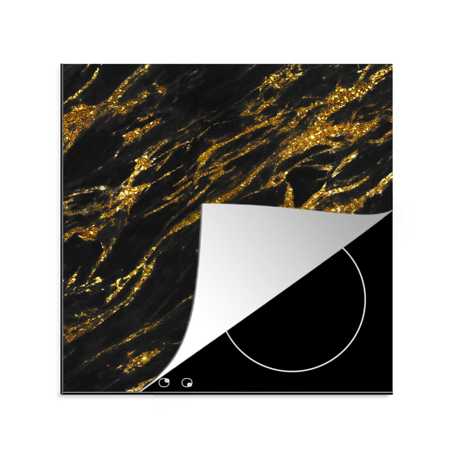 MuchoWow Herdblende-/Abdeckplatte Marmor - Gold - Schwarz - Flecken, Vinyl, (1 tlg), 78x78 cm, Ceranfeldabdeckung, Arbeitsplatte für küche