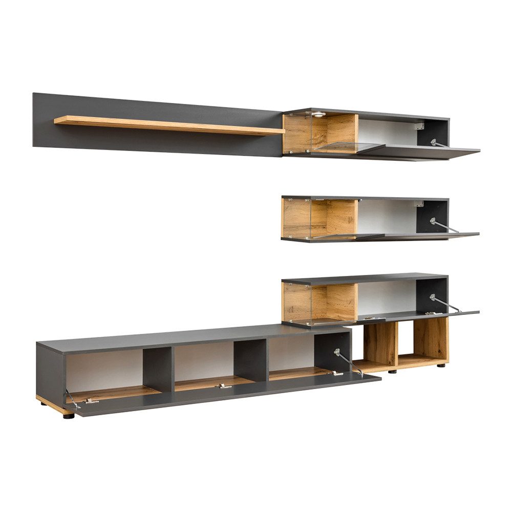 Lomadox Wohnwand SAPRI-164, (6-St., Wandboard Lowboard Unterschrank Hängeelemente), Wohnmöbel Schrankwand, anthrazit mit Eiche, inkl. LED-Beleuchtung