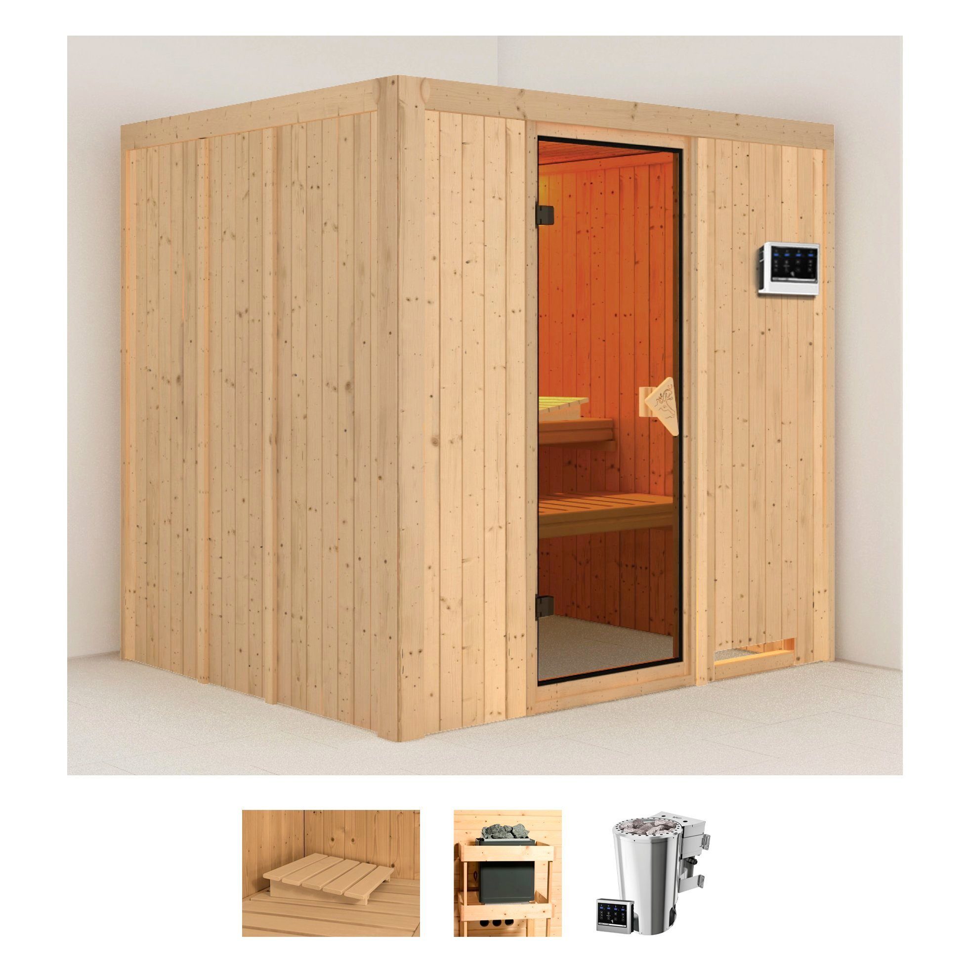 Karibu Sauna Dima, BxTxH: 196 x 170 x 198 cm, 68 mm, (Set) 3,6-kW-Bio-Plug & Play Ofen mit externer Steuerung