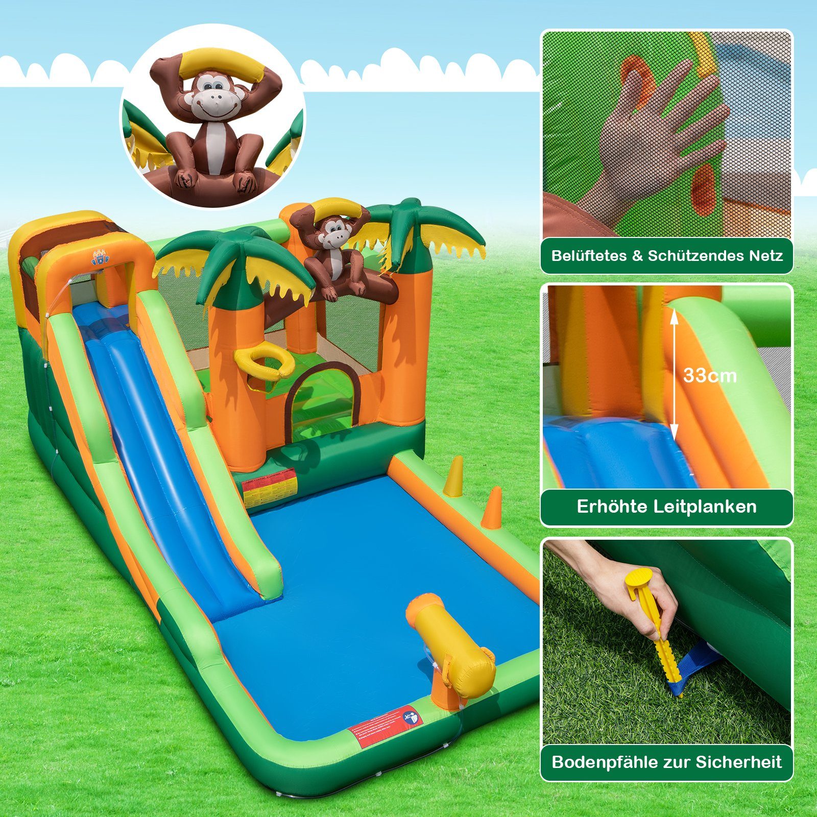 COSTWAY Hüpfburg 7 in 1 Wasserpark, (2-tlg), mit Gebläse, 460 x 285 x 230 cm