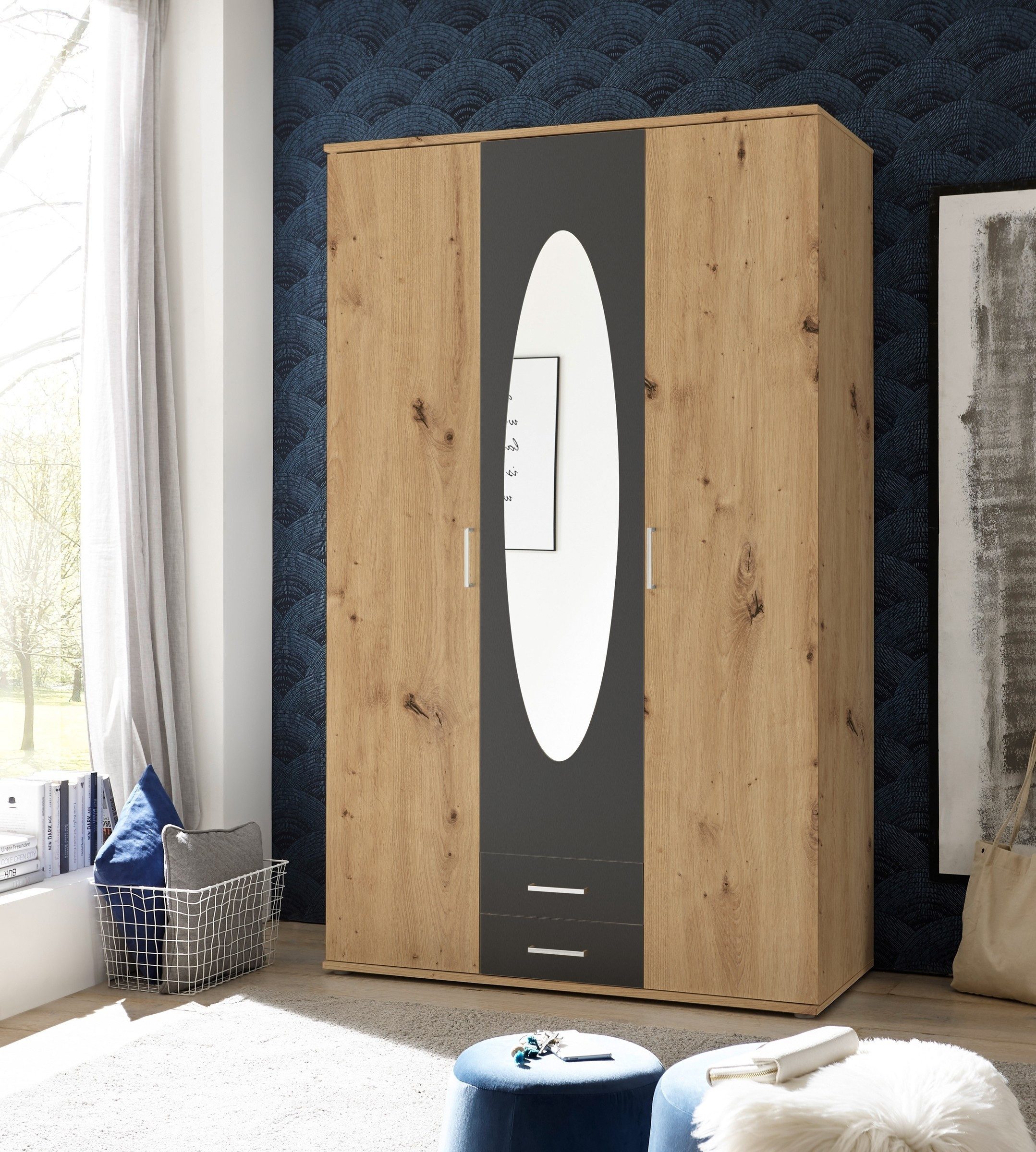 möbelando Kleiderschrank Kassel (BxHxT: 120x195x55 cm) in Artisan Eiche / Graphit mit 2 Schubladen und 3 Türen