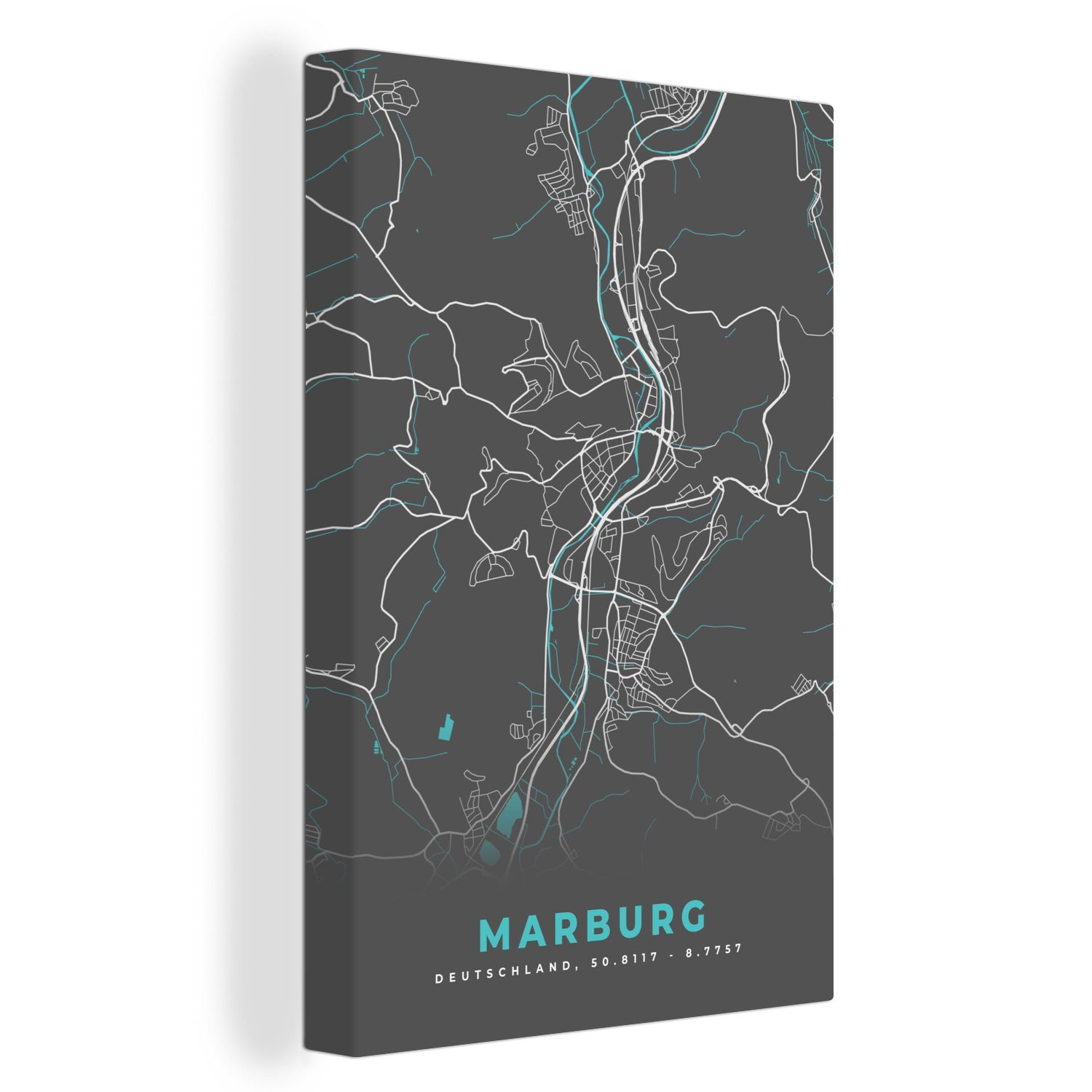 OneMillionCanvasses® Leinwandbild Stadtplan - Karte - Marburg - Blau - Deutschland - Karte, (1 St), Leinwandbild fertig bespannt inkl. Zackenaufhänger, Gemälde, 20x30 cm