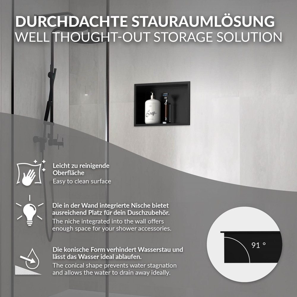 LuxeBath Duschwand Wandnische mit Rahmen aus Edelstahl Flexibler Einbau für Badezimmer, Duschnische Schwarz 20x30x10cm Einzelregal & Rahmen Befliesbare Nische – Bild 4 von 5