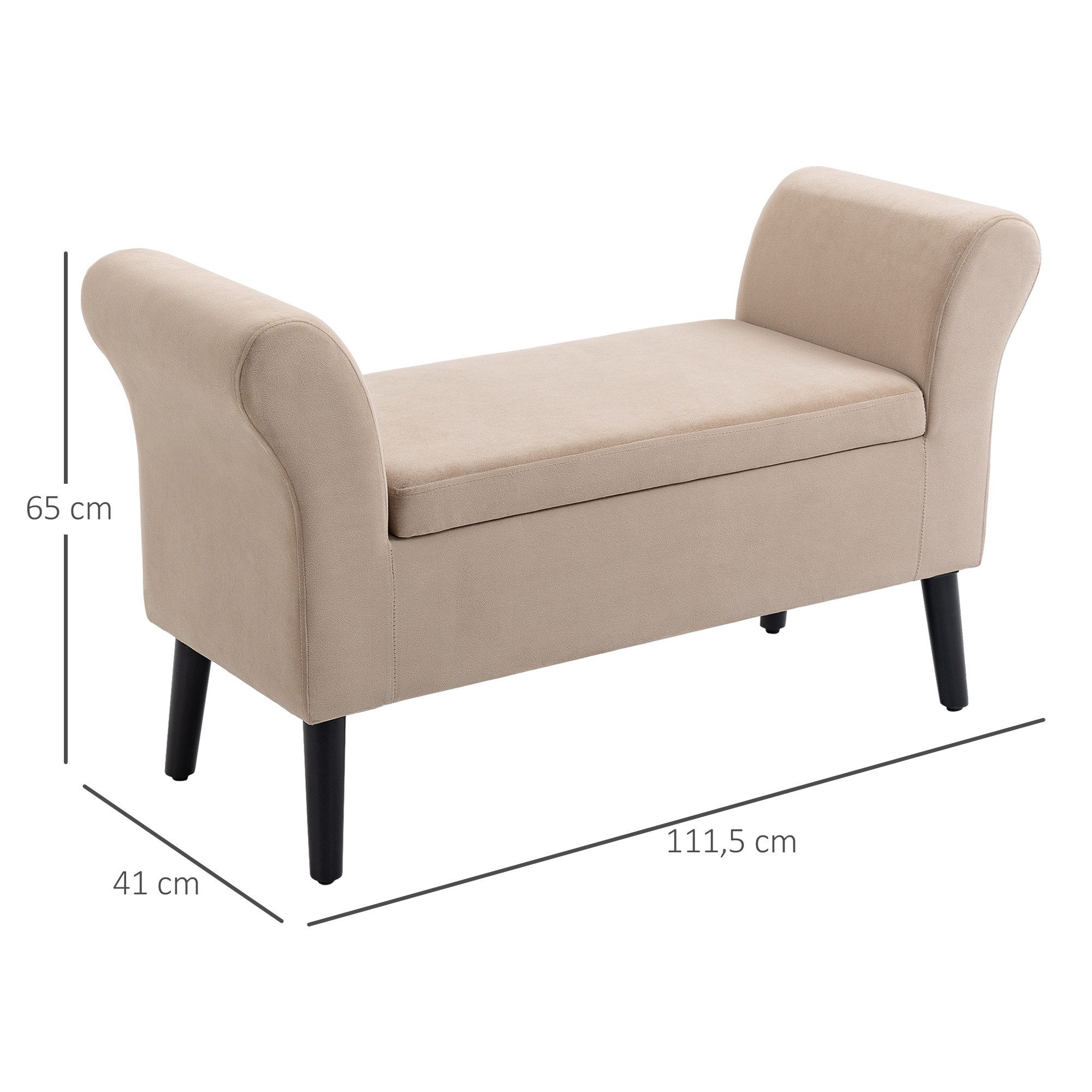 HOMCOM Sitzbank Polsterbank mit Stauraum Armlehnen (Lagerbank, 1-St., Aufbewahrungsbank), samtartiges Polyester Gummiholz Beige 111,5 x 41 x 65 cm
