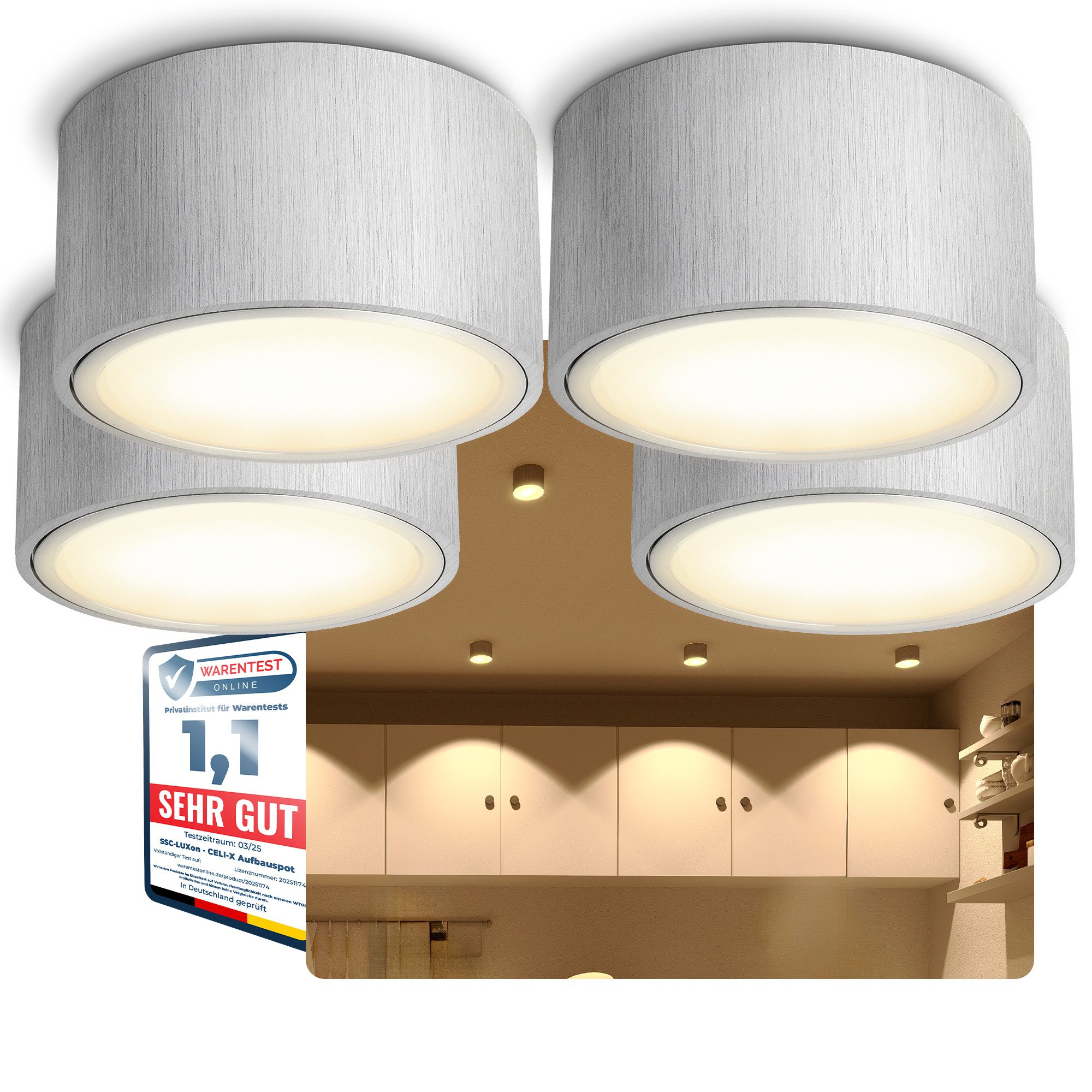 SSC-LUXon LED Aufbaustrahler Flacher LED Aufbaustrahler CELI-X 5W rund & Alu gebuerstet warmweiss, Warmweiß bis Tageslicht