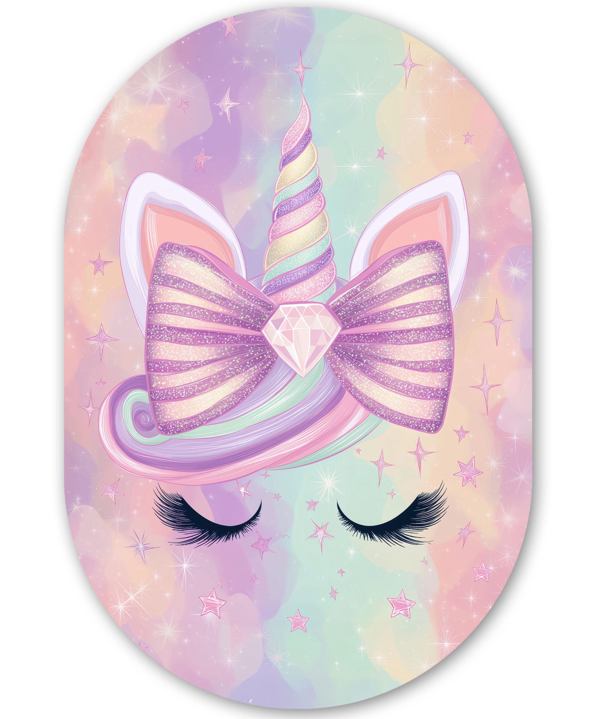 MuchoWow Gemälde Einhorn - Glitzer - Regenbogen - Pastell, Fotodruck (1 St), Wandbild Oval, Wohnzimmer oder Schlafzimmer Wanddekoration, 40x60 cm
