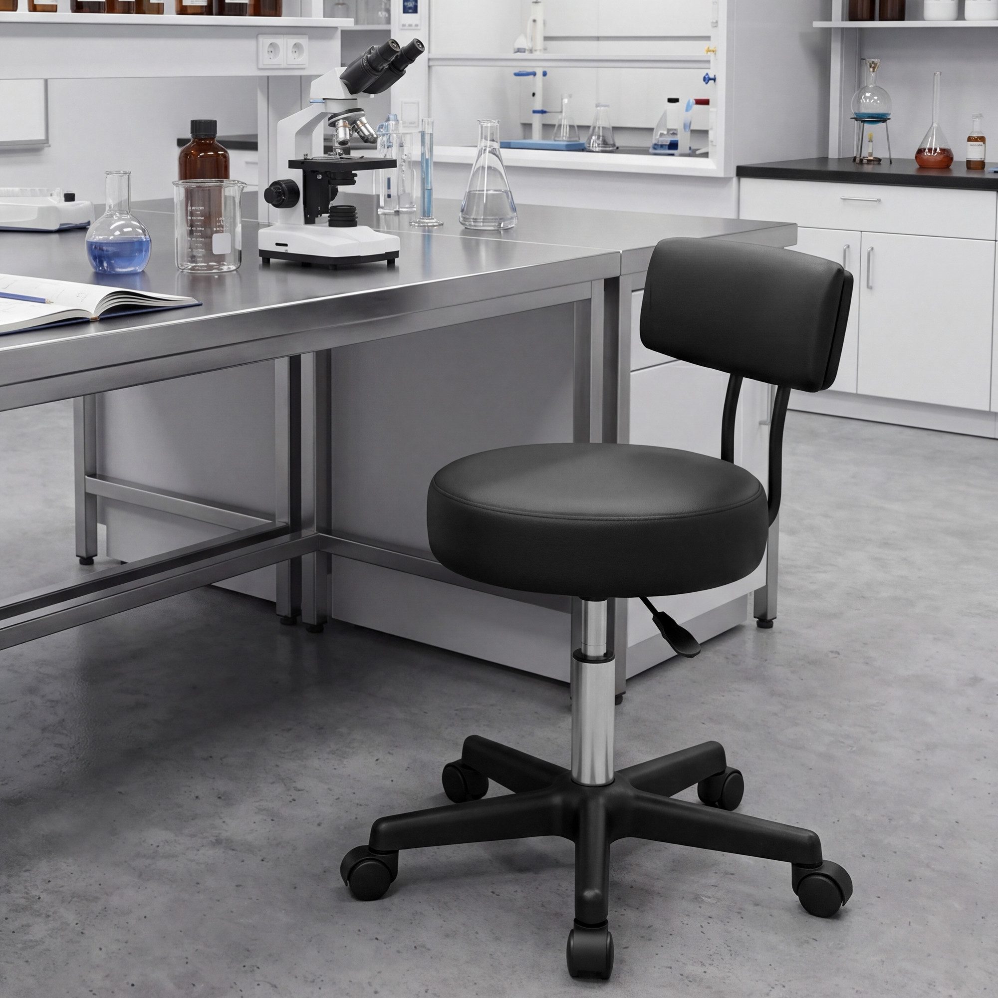SONGMICS Arbeitshocker Rollhocker, höhenverstellbar, Hocker mit Rückenlehne, Labor, belastbar bis 150 kg, PU-Bezug, Sitzhöhe 44-59 cm
