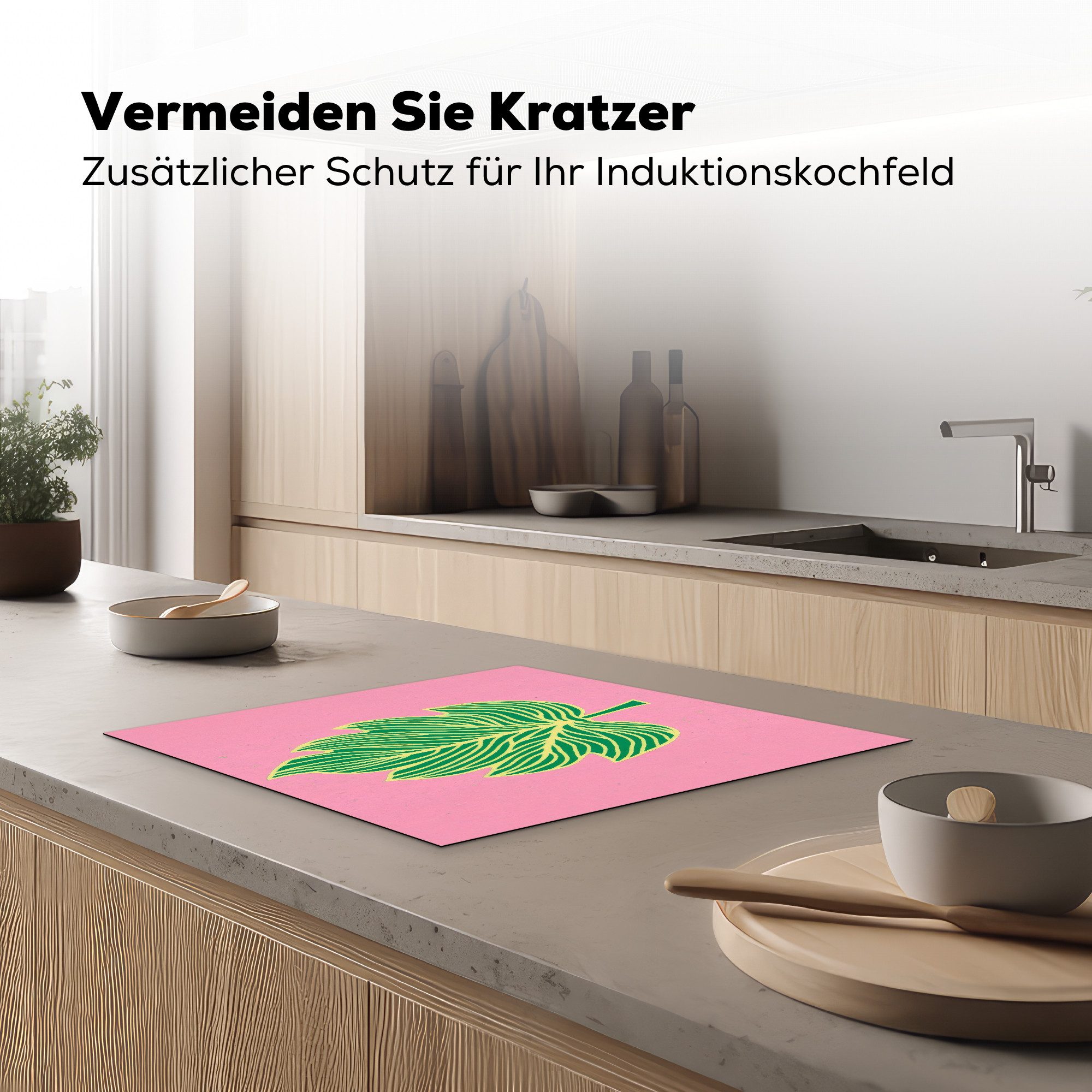 MuchoWow Herd-Abdeckplatte Blatt - Grün - Illustration - Minimalistisch, Vinyl, (1 tlg), Cerankochfeld Abdeckung, Herd Abdeckplatten Vinyl, 58.3x51.3 cm