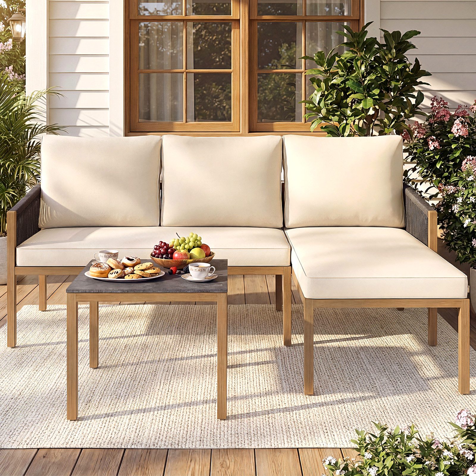 COSTWAY Gartenlounge-Set, (3-tlg), Balkonmöbel Set Rattan mit Esstisch