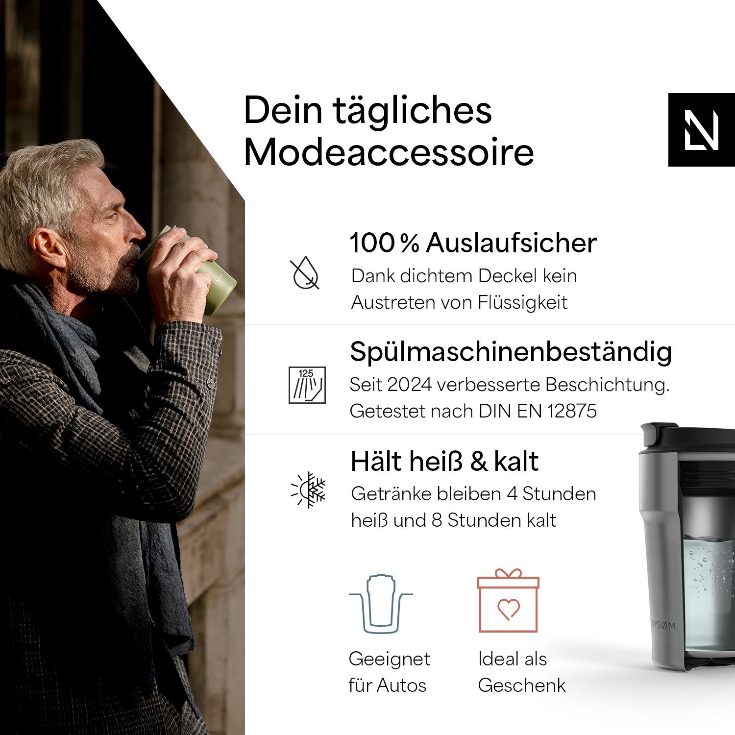 LARS NYSØM Thermobecher Bevægelse, 1-tlg., Thermobecher mit Vakuum Isolierung: 4h heiß / 8h kühl