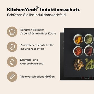 MuchoWow Herdblende-/Abdeckplatte Schöpfkelle - Gewürze - Kräuter - Grün - Braun - Rustikal, Vinyl, (1 tlg), 58x51 cm, Küchen Dekoration für Induktionsherd, Induktionskochfeld