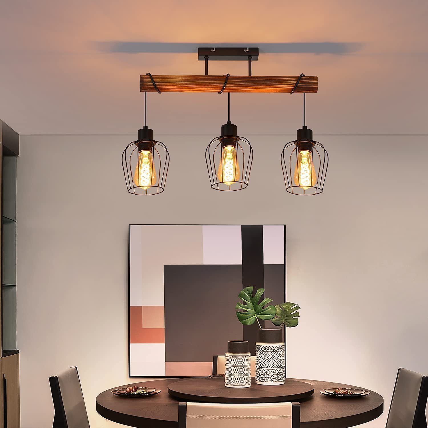 ZMH Deckenleuchte Whonzimmer 2/3/4 Flammig Schwarz-Holz Retro Deckenlampe Schlafzimmer, Einfache Installation, ohne Leuchtmittel, Wohnzimmerlampe mit höhenverstellbaren Strahlern aus Metall