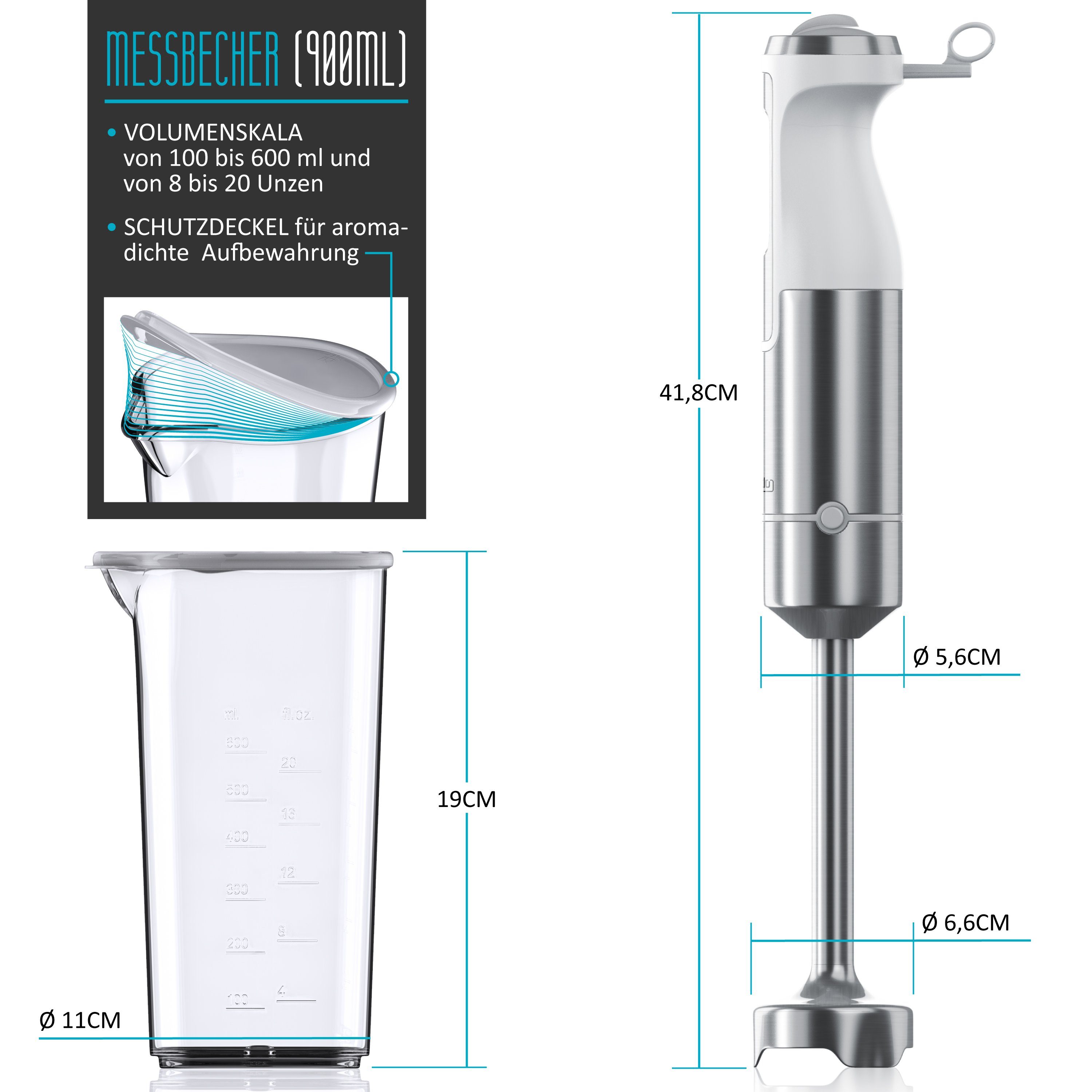 Arendo Stabmixer Edelstahl Pürierstab, Handmixer, stufenlose Regelung, weiß, 1000 W, Turbotaste, Abnehmbarer Mixfuß, GS-Zertifiziert