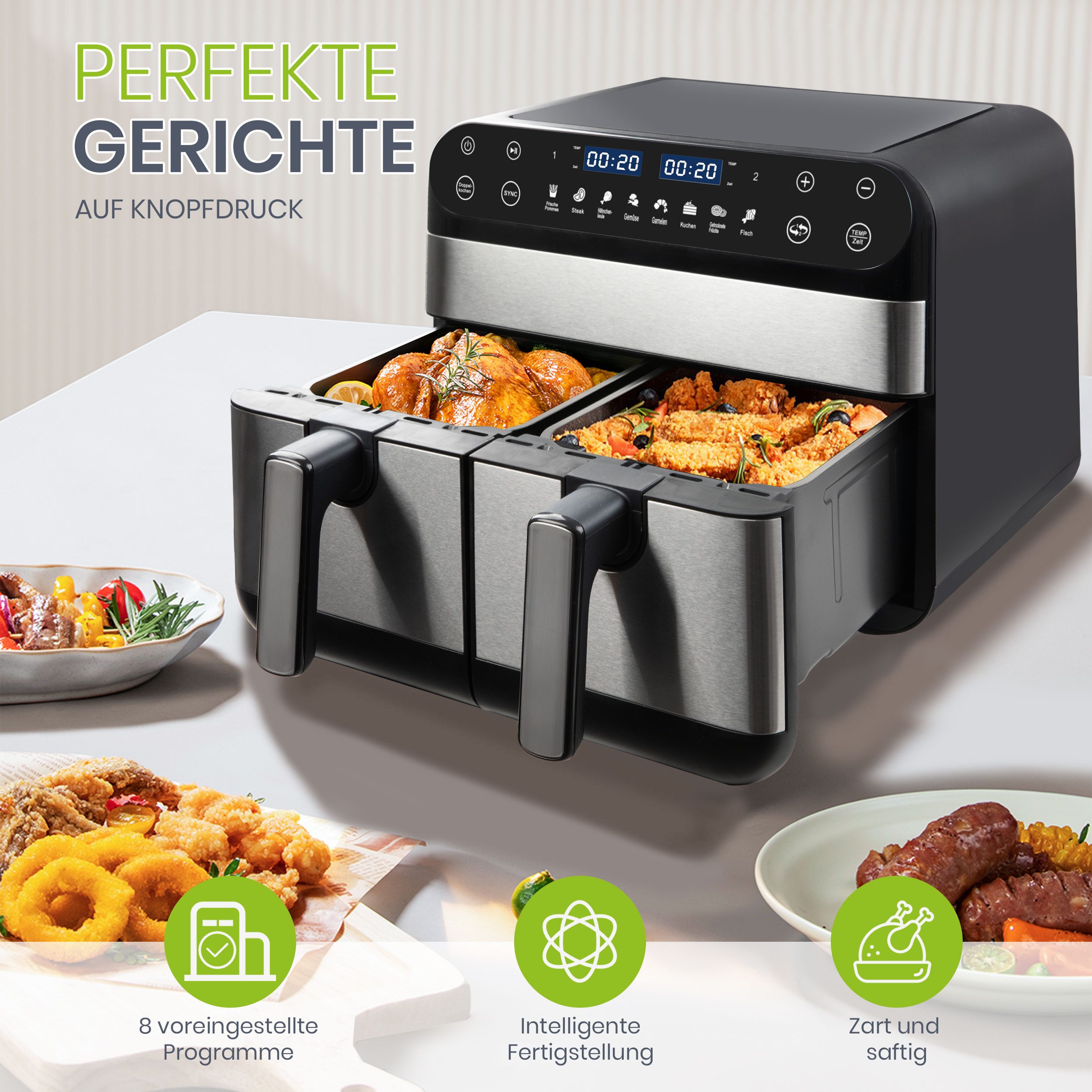 WHEELYOU Heißluftfritteuse 10 L Dual-Zonen Airfryer mit 2400 W – Touch-LED & 8 Kochprogramme, 2400 W, Doppelkammer‑Airfryer 2×5 L, 2400 W, 8 Programme, gesund & schnell