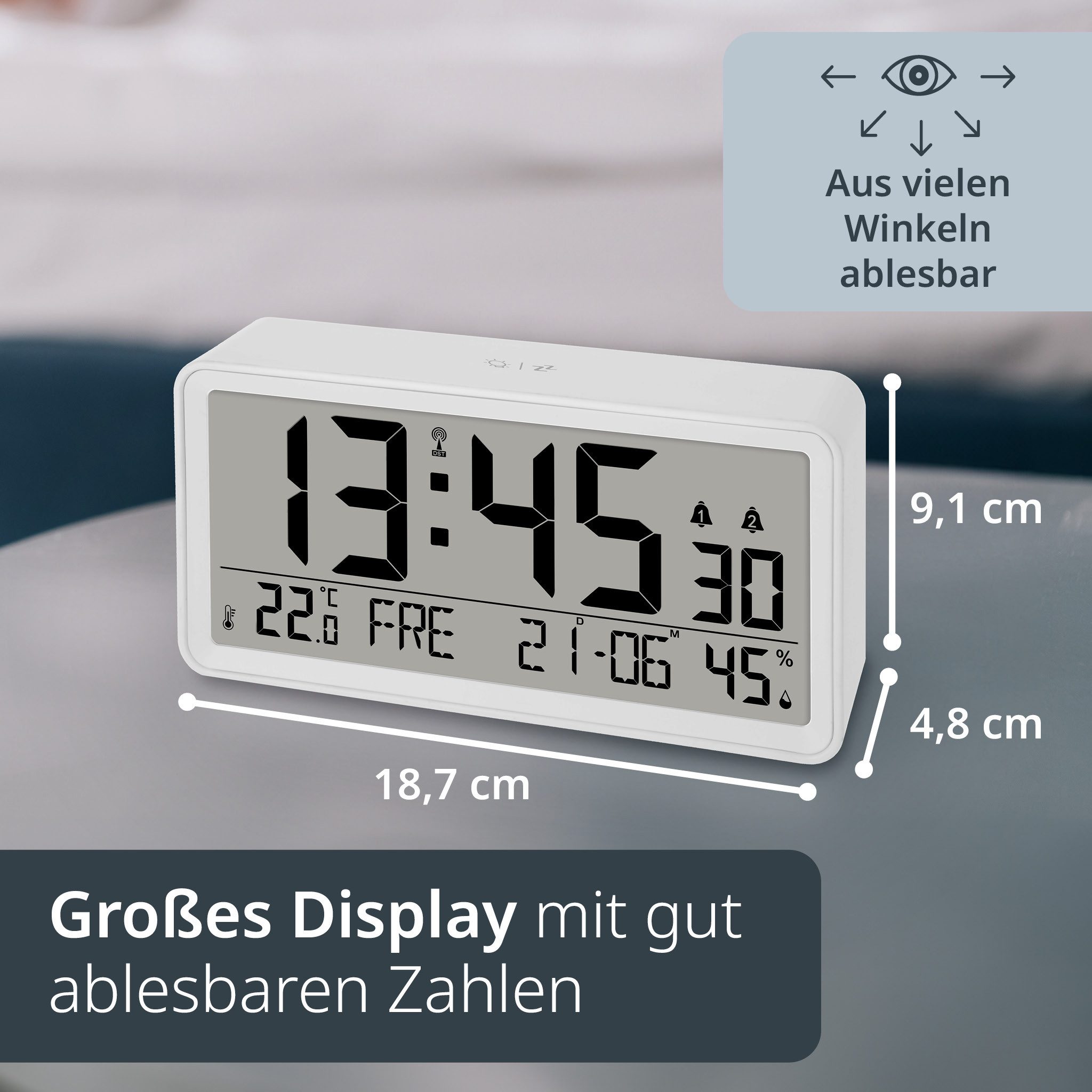 ADE Funktischuhr digital XXL-Ziffern, Tischuhr & Wanduhr mit Thermometer, 2 Weckzeiten Funkuhr mit Hygrometer, Datum & Wochentag, inkl. AA Batterien – Bild 5 von 5