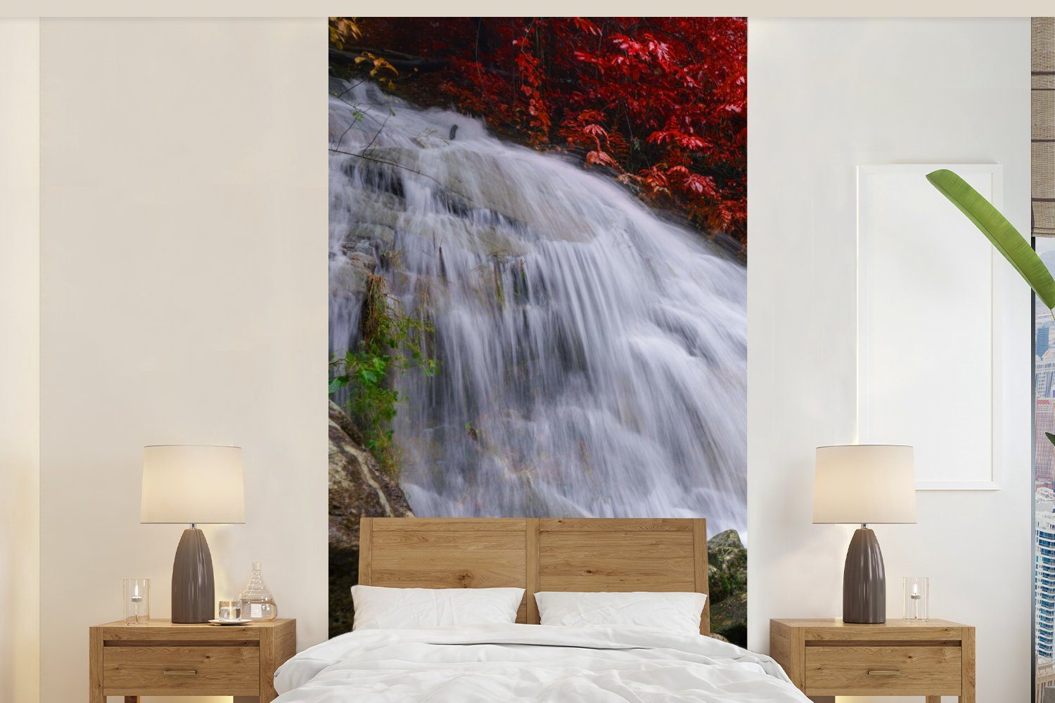 MuchoWow Fototapete Wasserfall - Felsen - Wasser - Herbst, Matt, bedruckt, (2 St), Vliestapete für Wohnzimmer Schlafzimmer Küche, Fototapete