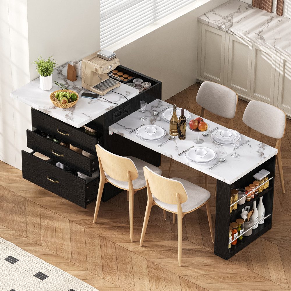 BBWL Kücheninsel mit Rollen Ausziehbarer Esstisch mit LED-Beleuchtung, Steckdosen, Kücheninsel, Sideboard und Bartisch – Bild 3 von 5