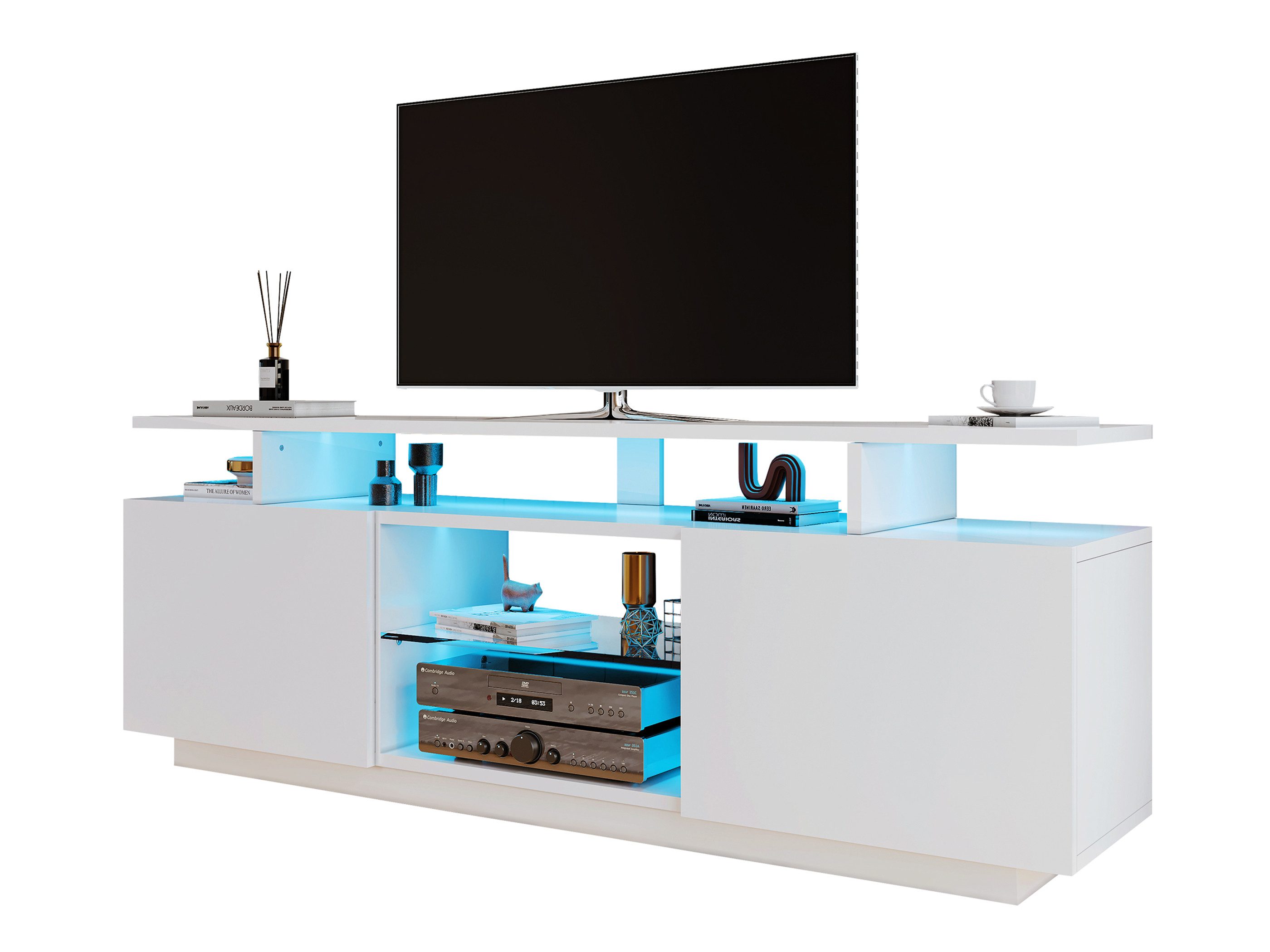SeedWave Lowboard TV Schrank mit Hochgelänzenden Türen, Einstellbare LED-Beleuchtung, Bodenstehender TV-Ständer inkl. 1× Glasregal