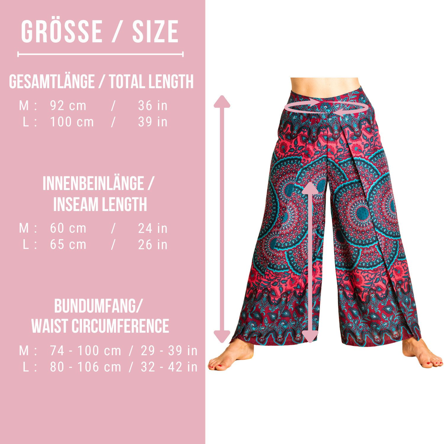 PANASIAM Palazzohose Hosenrock Sunshine Mandala-Muster aus natürlicher Viskose bequeme Boho Wickelhose Culotte Palazzohose mit weitem Bein für Urlaub oder Alltag