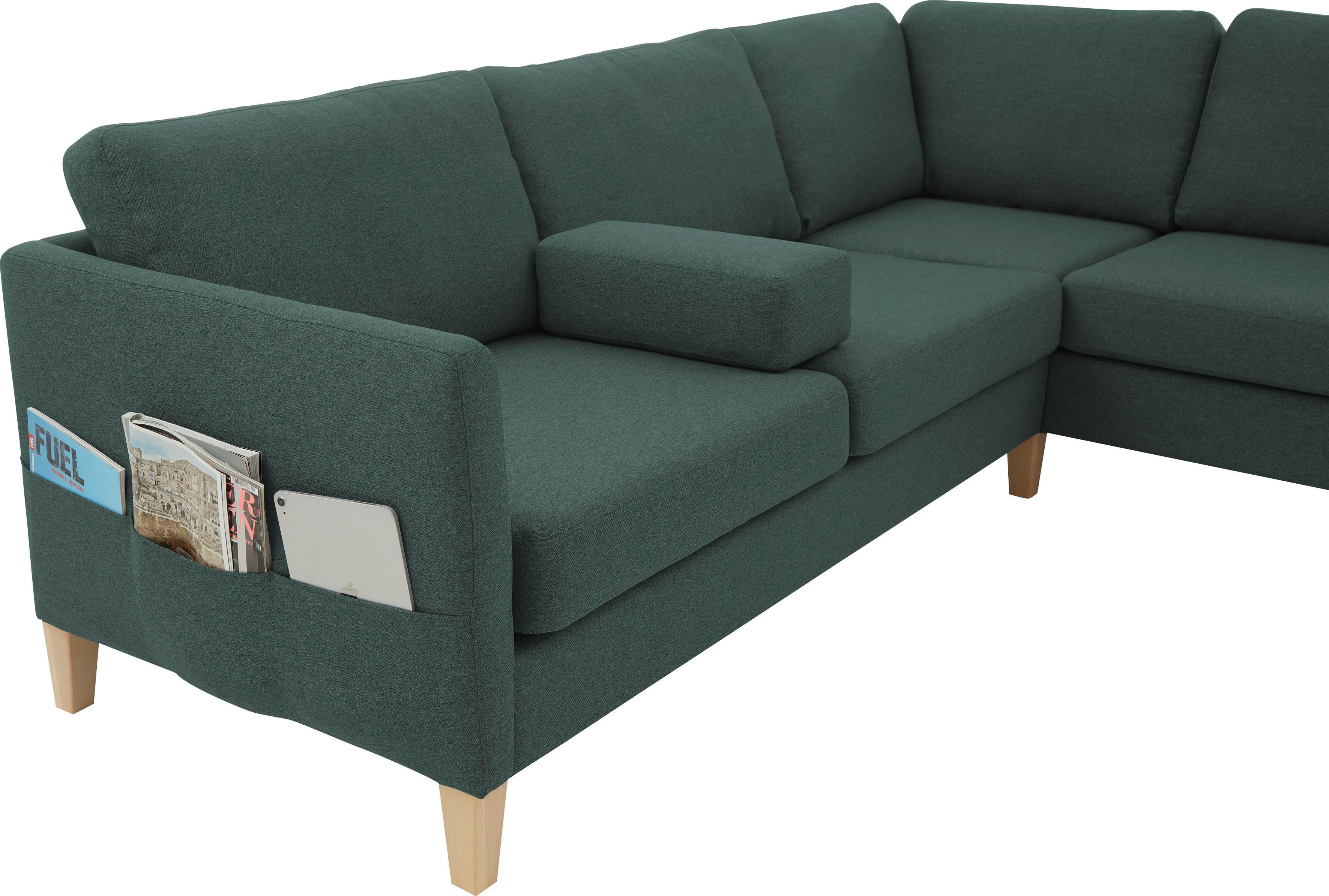 ATLANTIC home collection Ecksofa grün mit Seitentaschen Massivholzfüßen mane, und mit Mailo