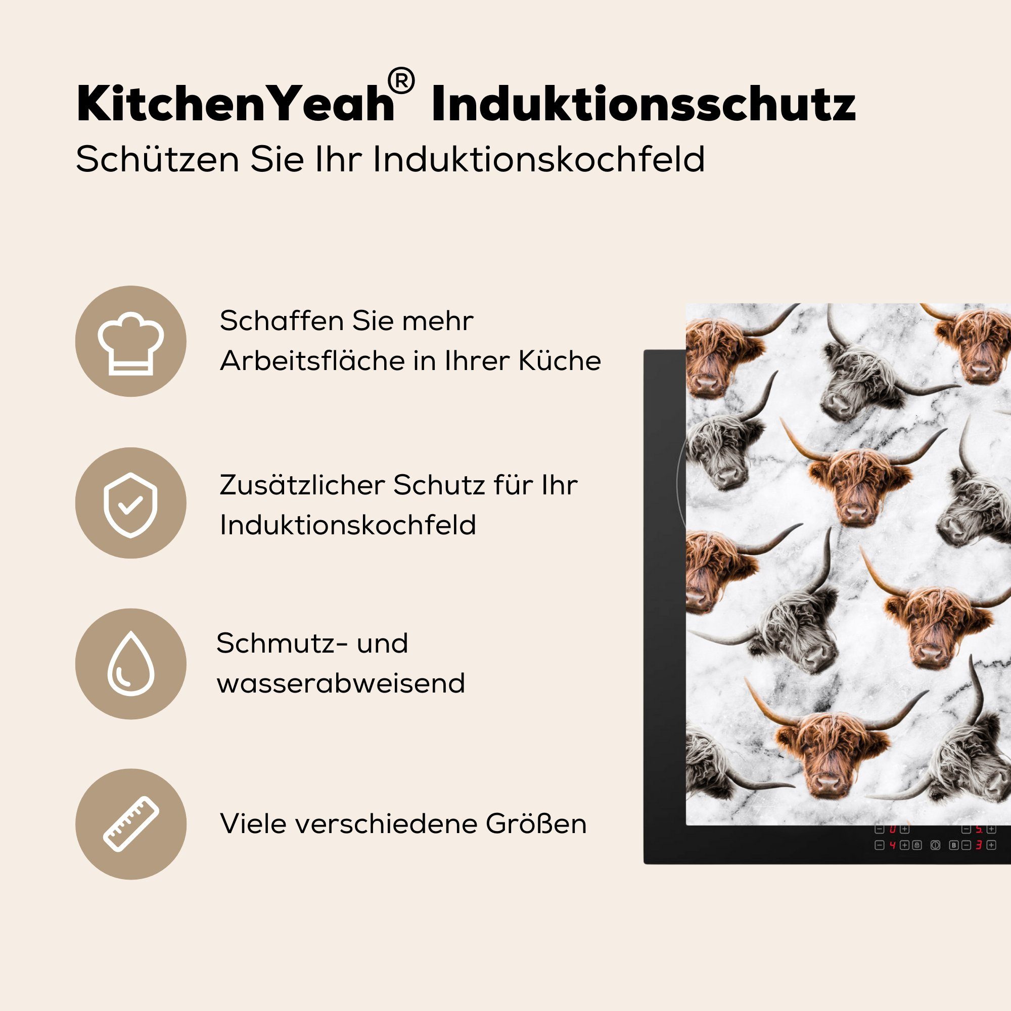 MuchoWow Herdblende-/Abdeckplatte Schottischer Highlander - küche, (1 Tiere, - Marmor Schutz 81x52 tlg), die cm, Ceranfeldabdeckung Vinyl, für Induktionskochfeld