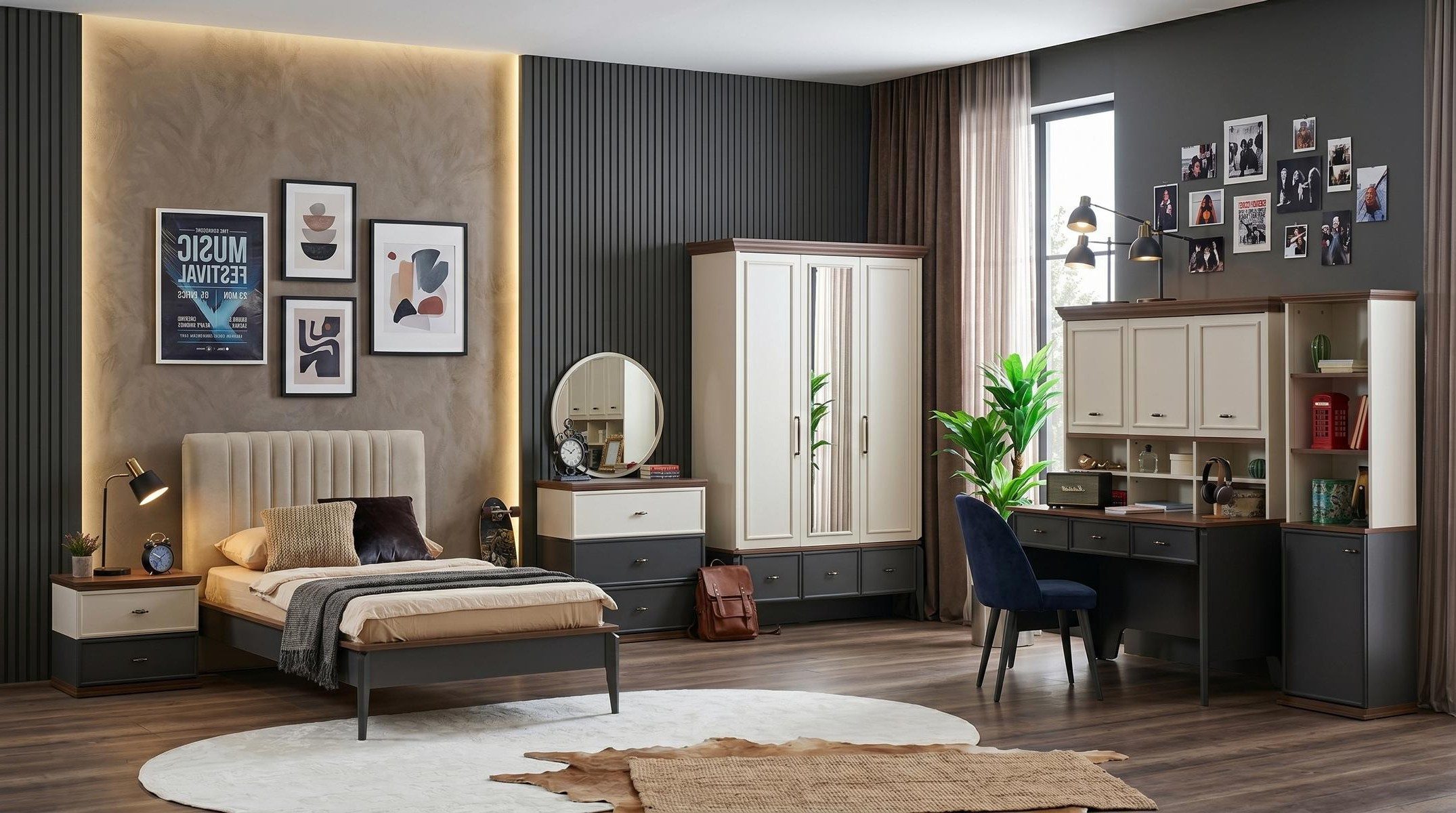 Xlmoebel Kleiderschrank Schwarz-beiges Jugendzimmer Bett Kleiderschrank Kommode Schreibtisch